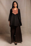 Black Front Embroidered Gathered Short Kurta