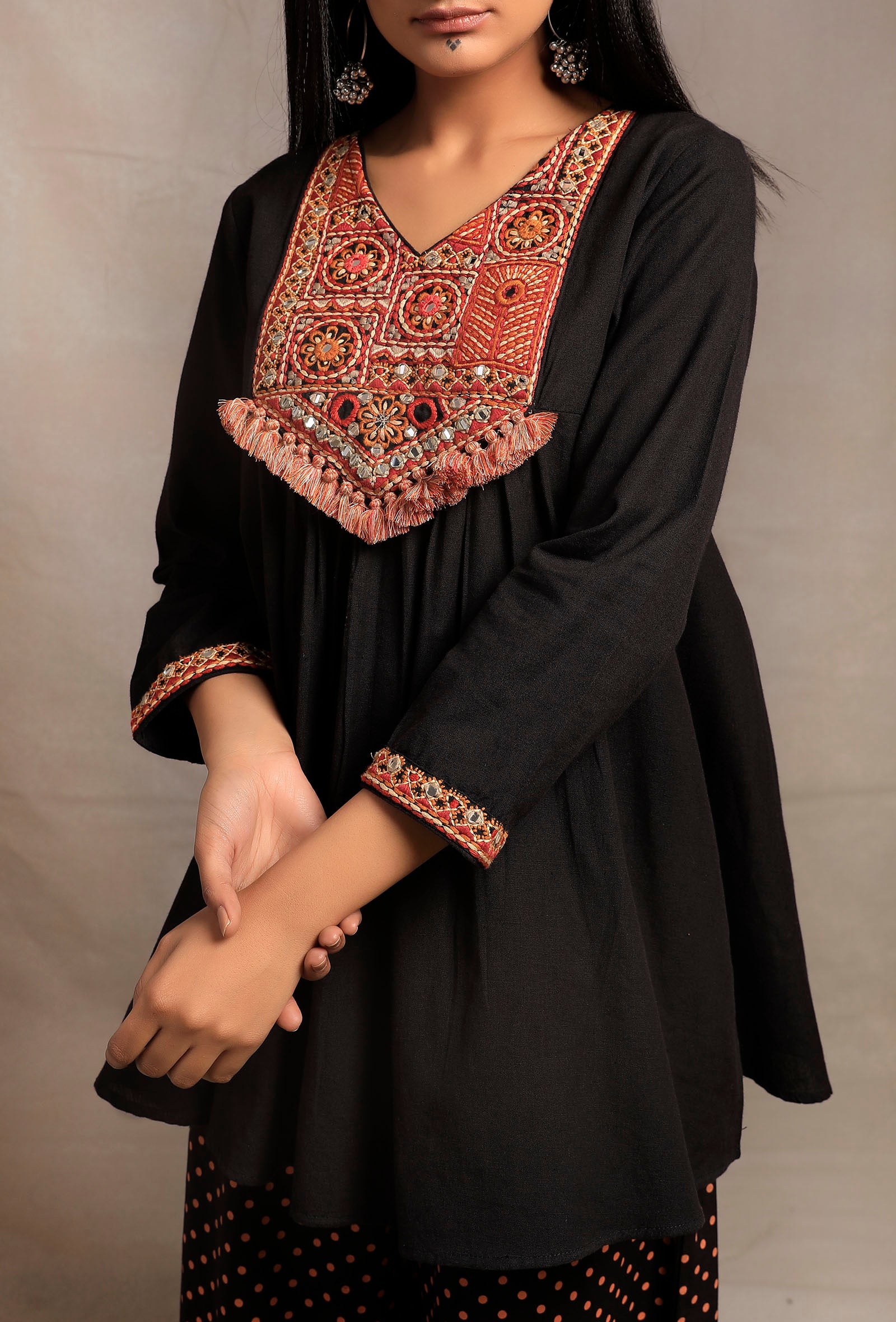 Black Front Embroidered Gathered Short Kurta
