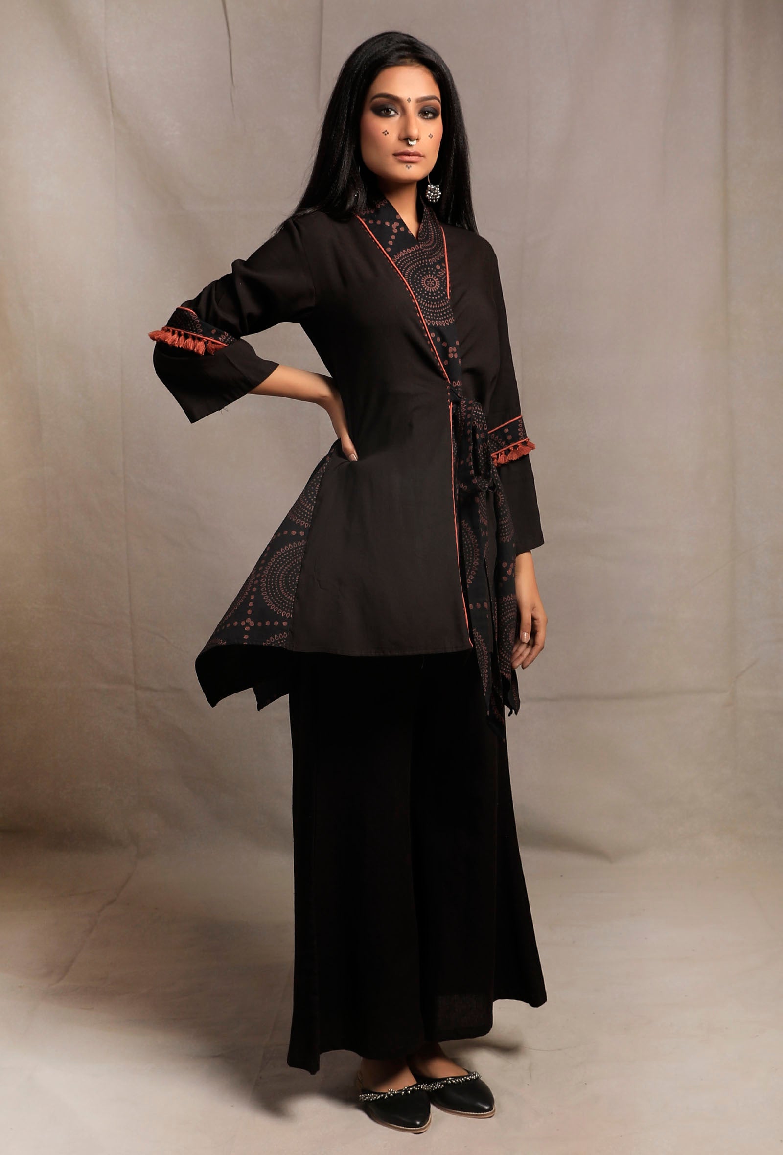Black Asymmetrical Front Tie Robe