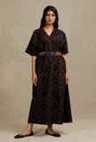 Black Hand Block Printed kaftan Dress With Embroidered Cruelty-Free Leather Belt