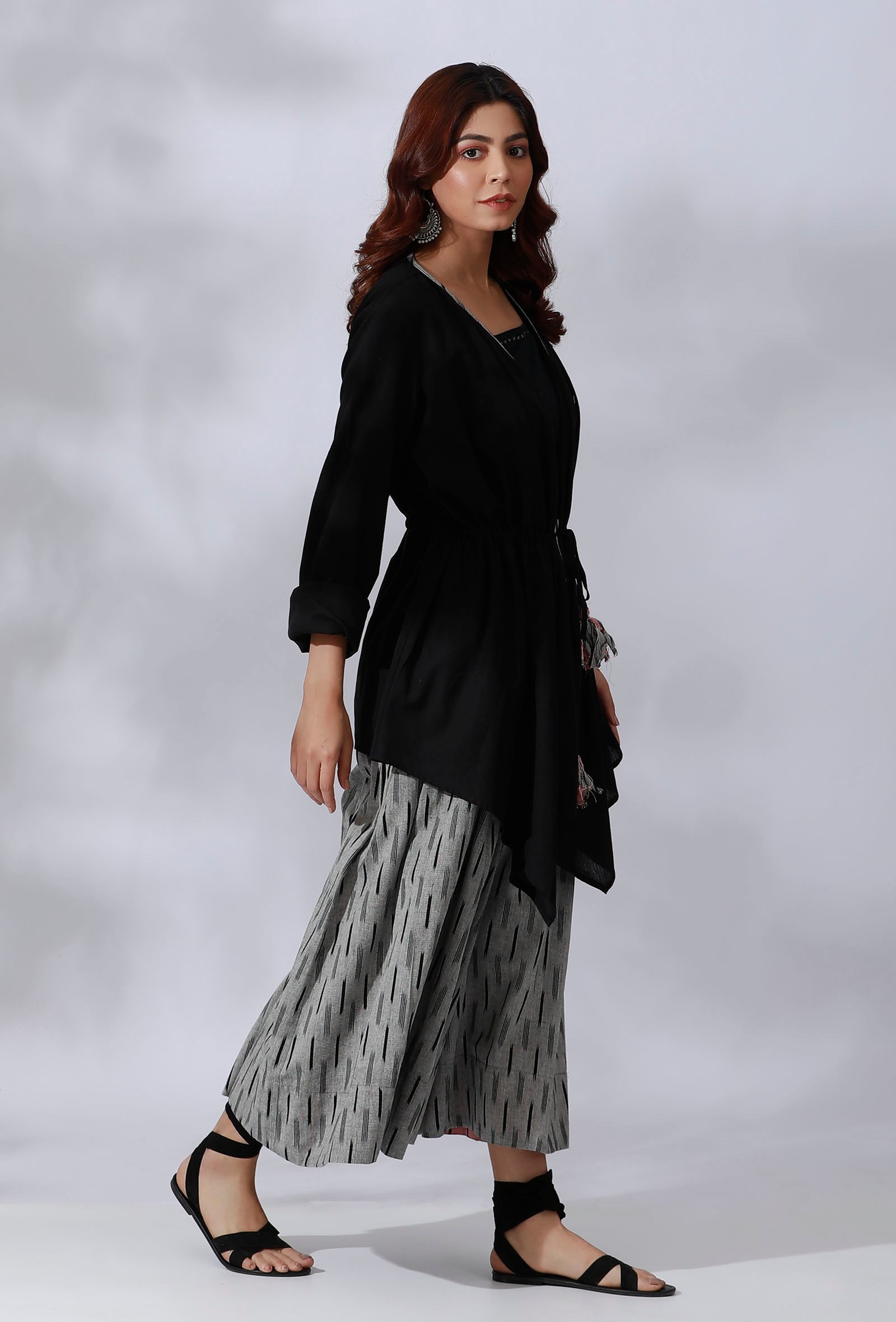 Black Asymmetrical Tie-Up Overlay With Ikkat Detailing