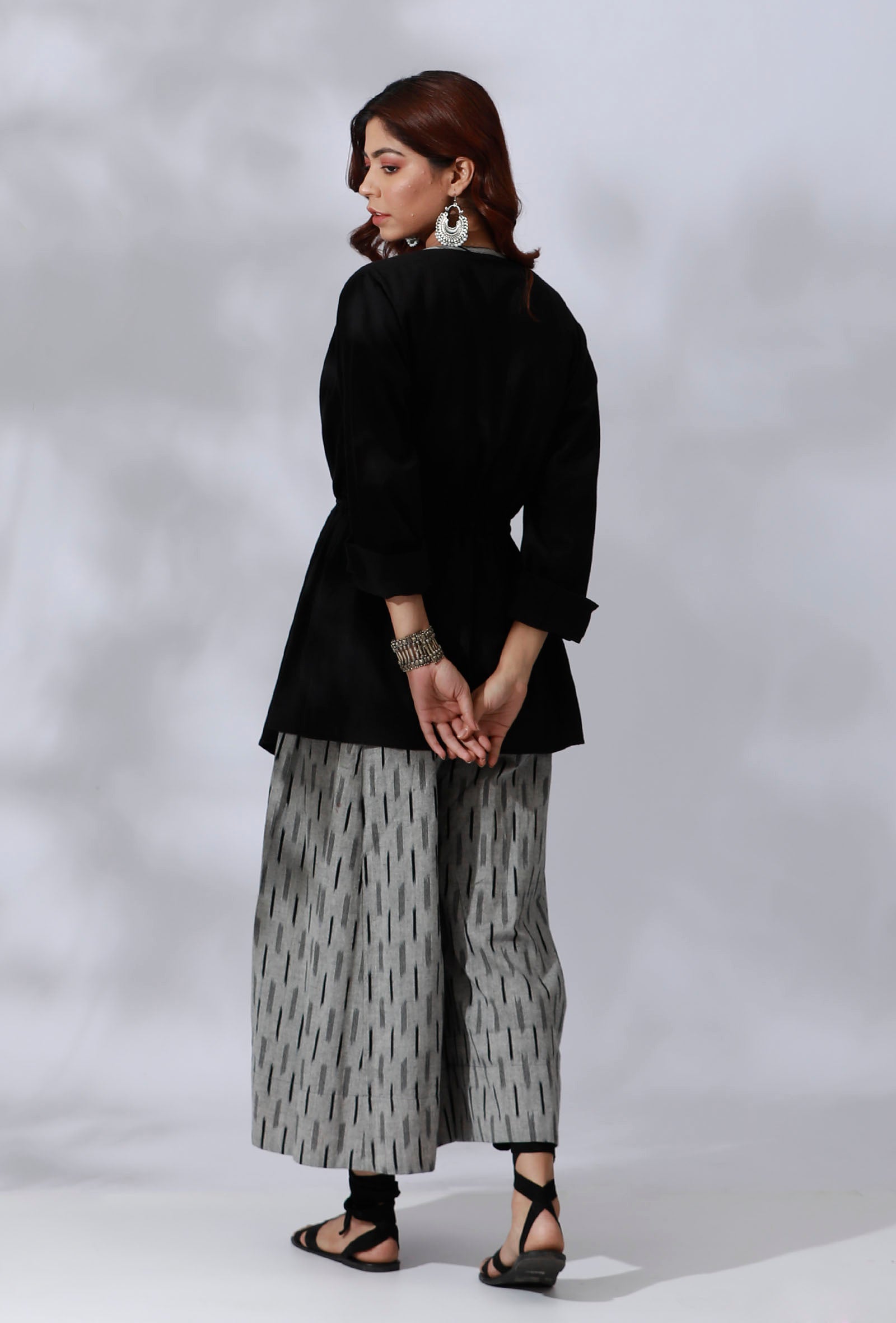 Black Asymmetrical Tie-Up Overlay With Ikkat Detailing