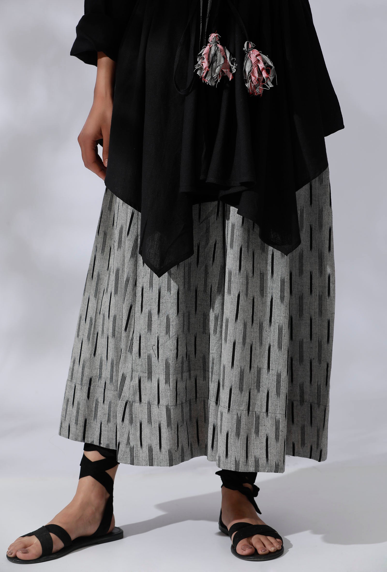 Black Asymmetrical Tie-Up Overlay With Ikkat Detailing