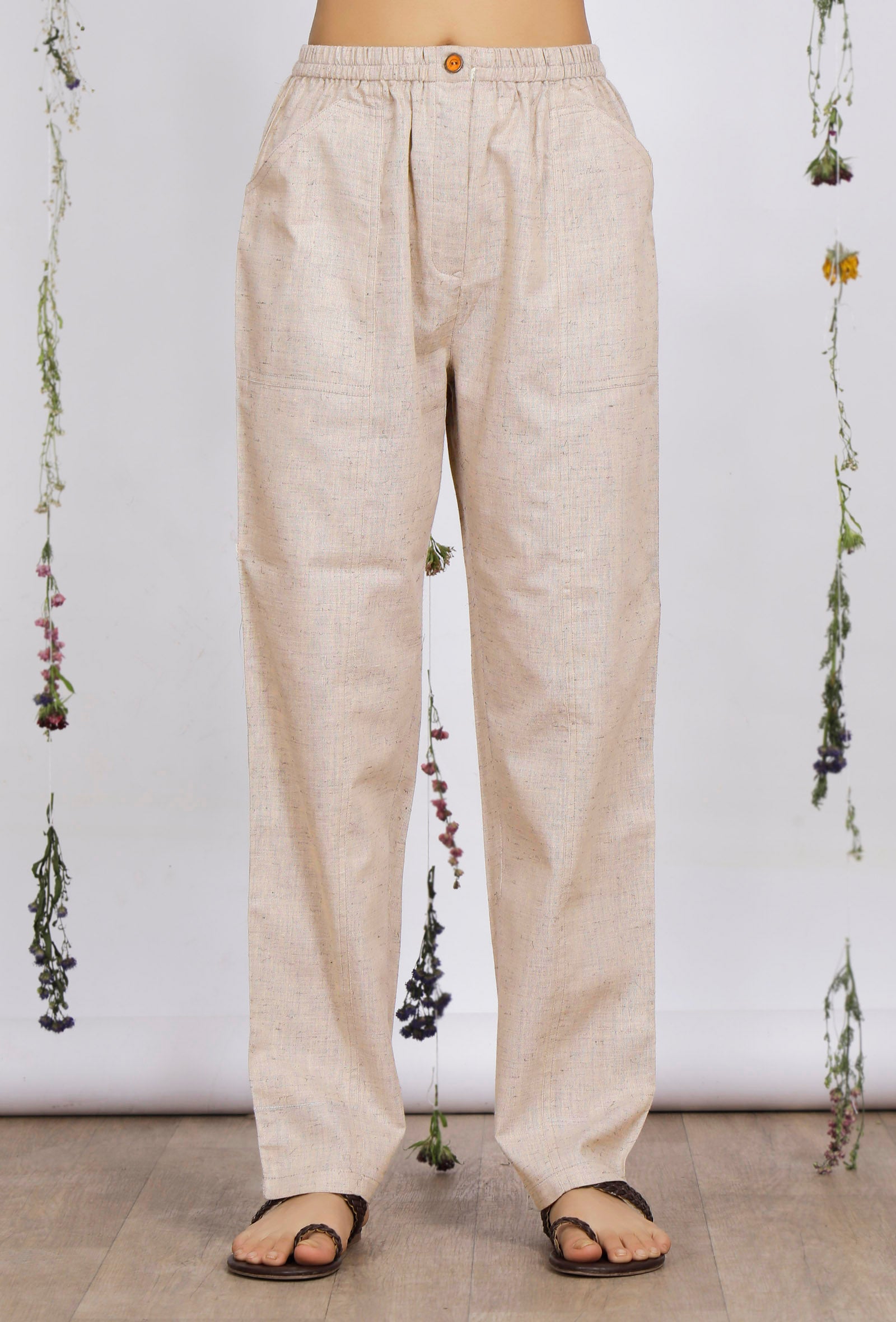 Beige Straight Cotton Khadi Pants