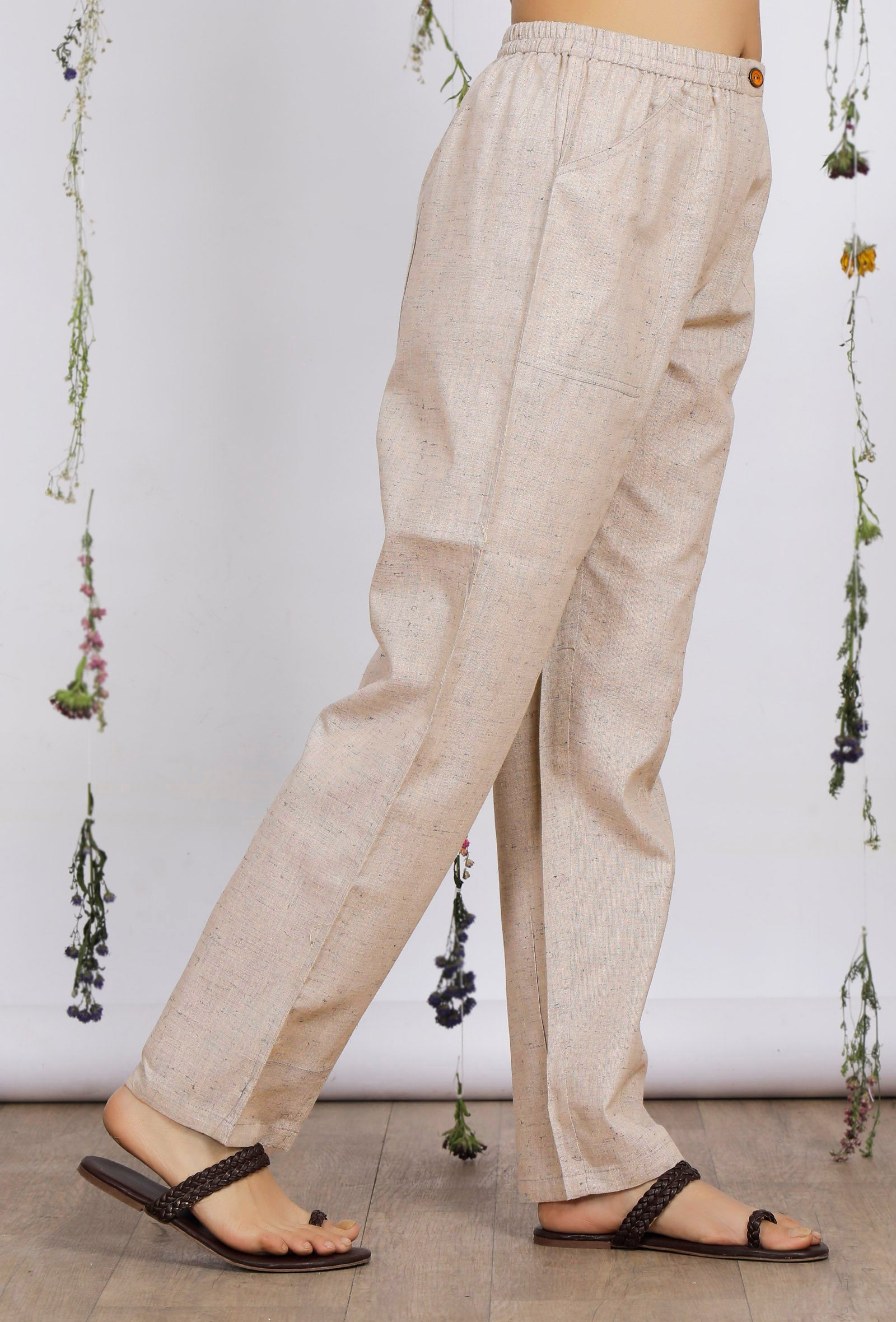 Beige Straight Cotton Khadi Pants