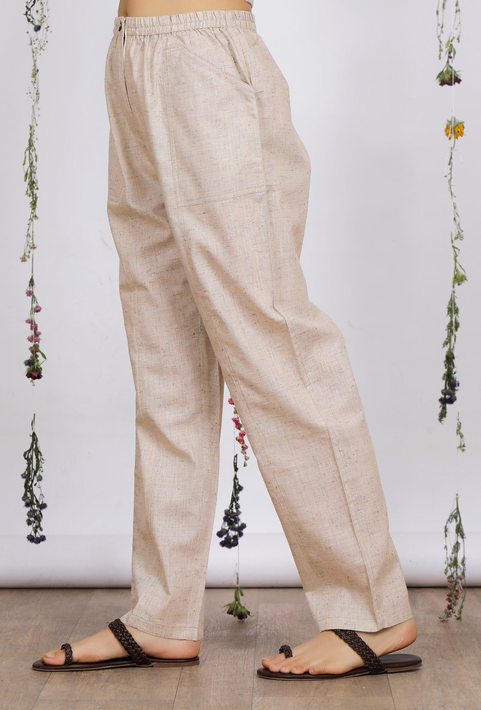 Beige Straight Cotton Khadi Pants
