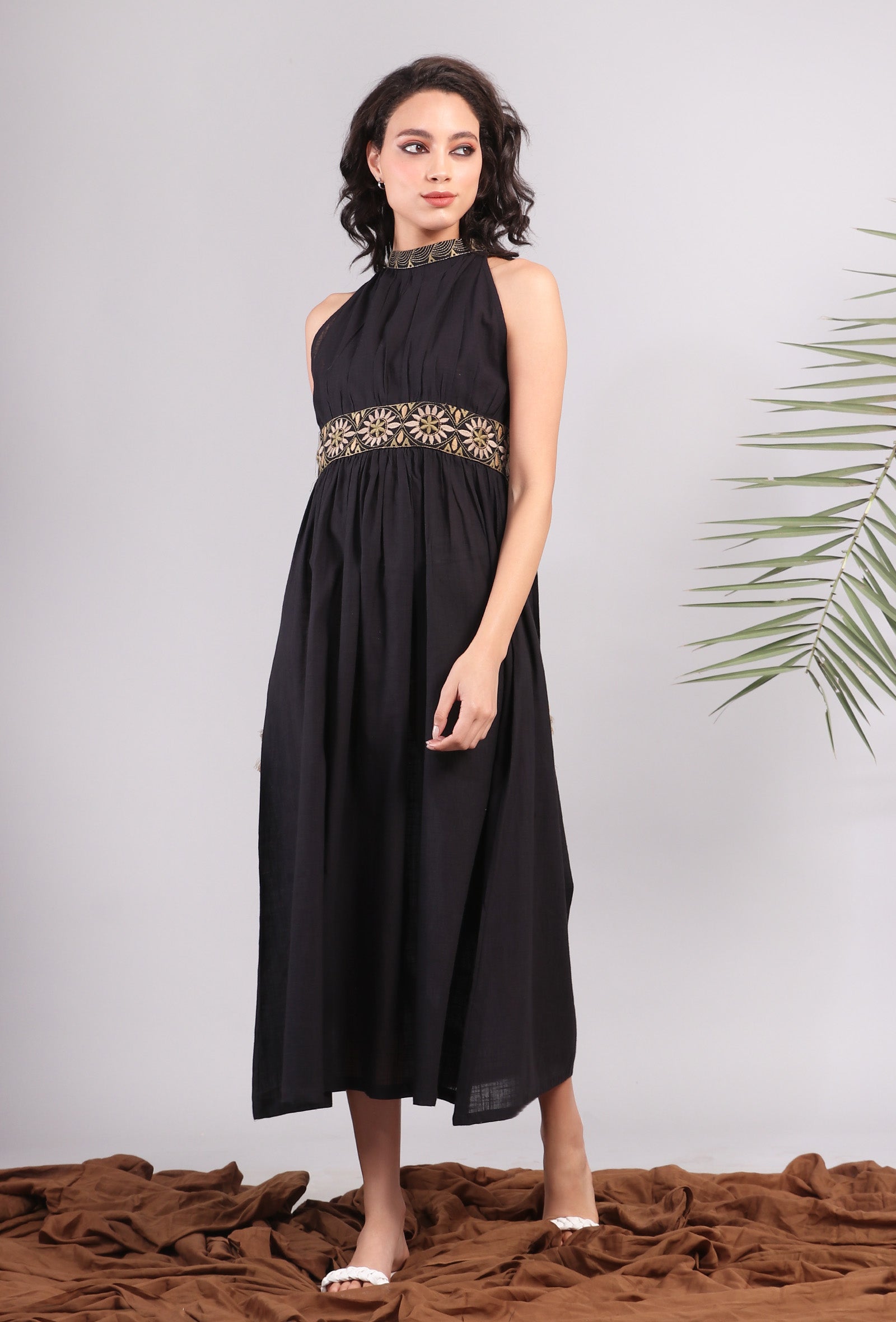 Black Halter Midi Dress with Kantha Embroidery