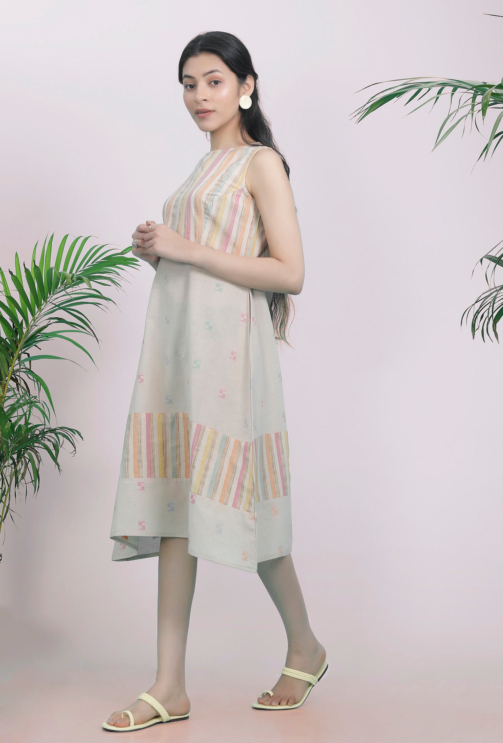 Beige Cotton Stripe Dobby Straight Cotton Dress