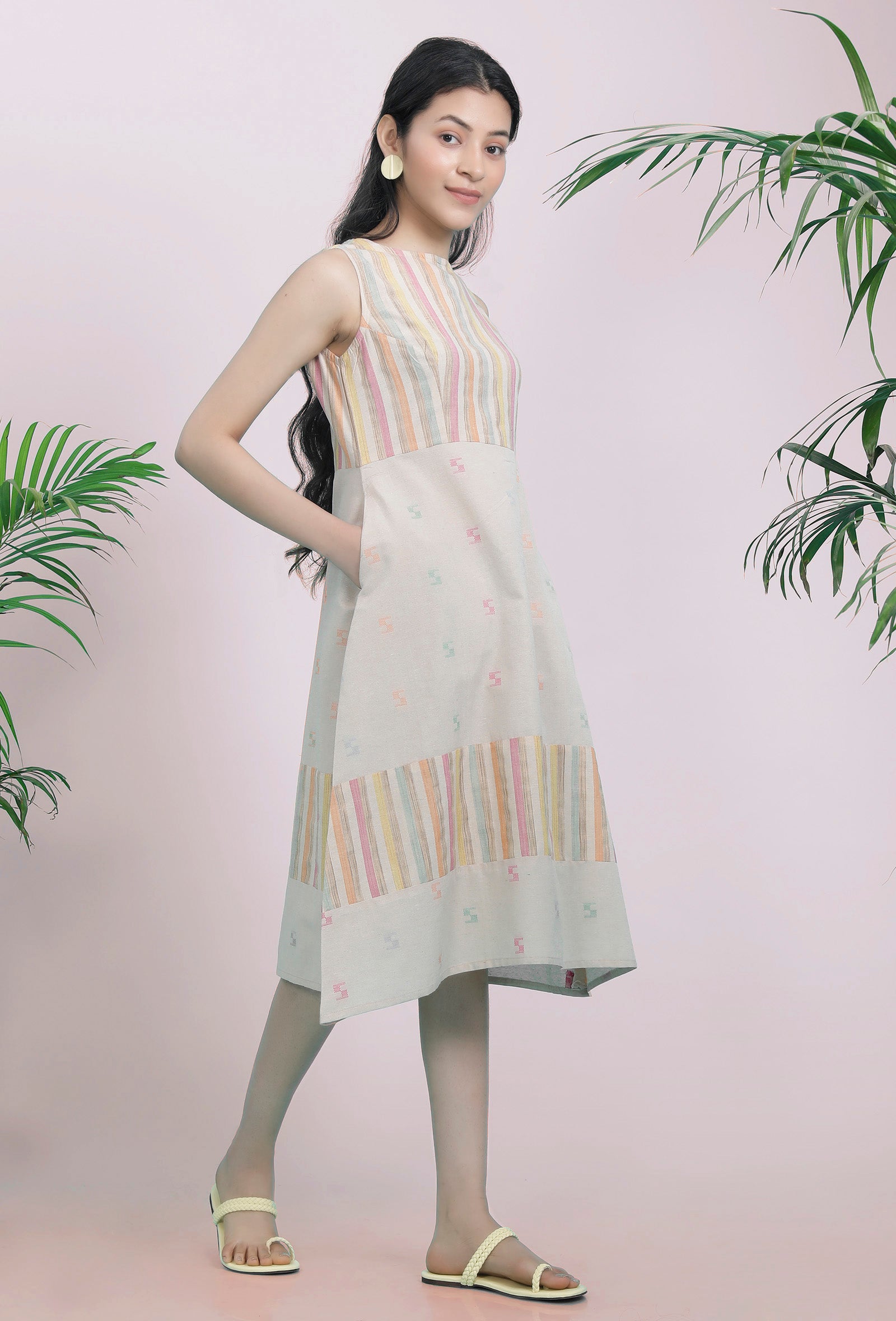 Beige Cotton Stripe Dobby Straight Cotton Dress