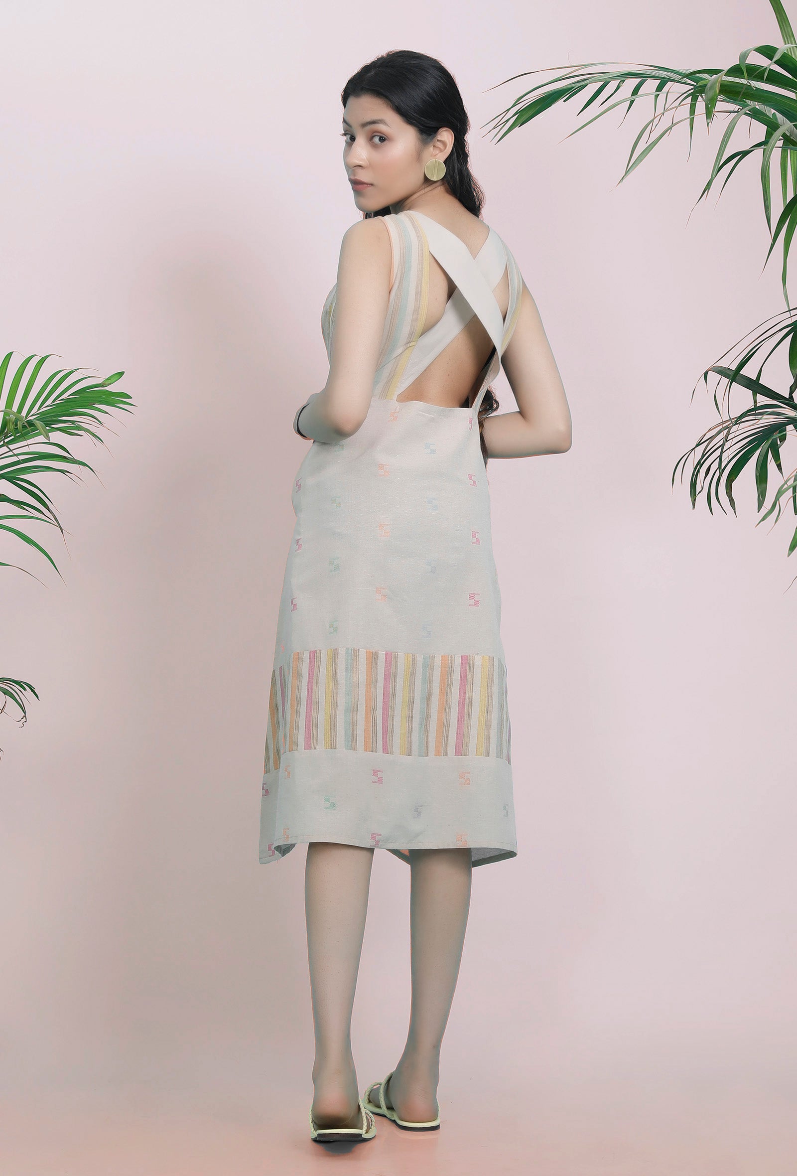 Beige Cotton Stripe Dobby Straight Cotton Dress