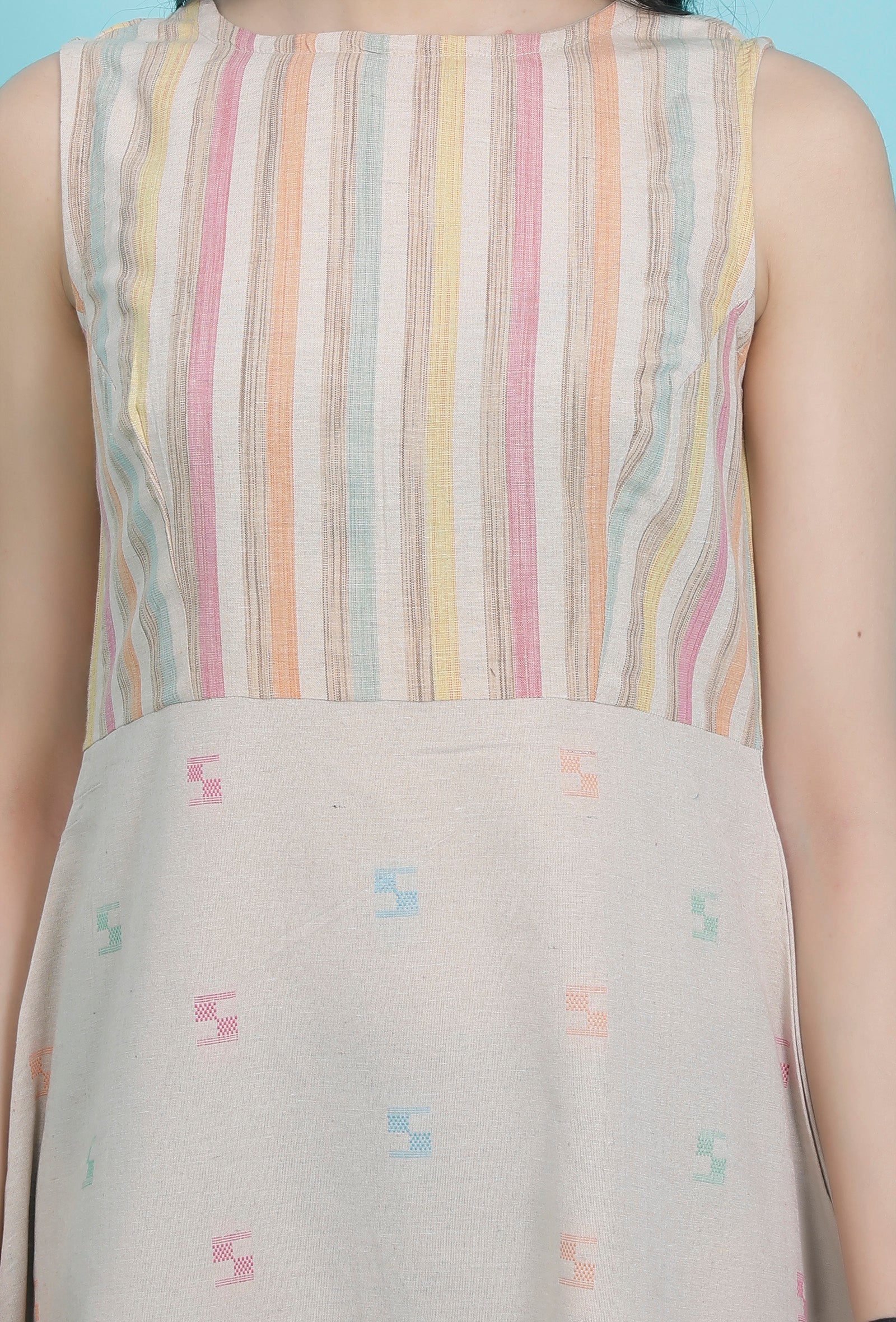 Beige Cotton Stripe Dobby Straight Cotton Dress