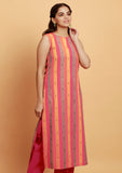 Pink Multicolor Straight Sleeveless Boat Neck Woven Kurta