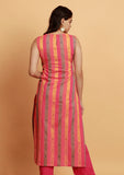 Pink Multicolor Straight Sleeveless Boat Neck Woven Kurta
