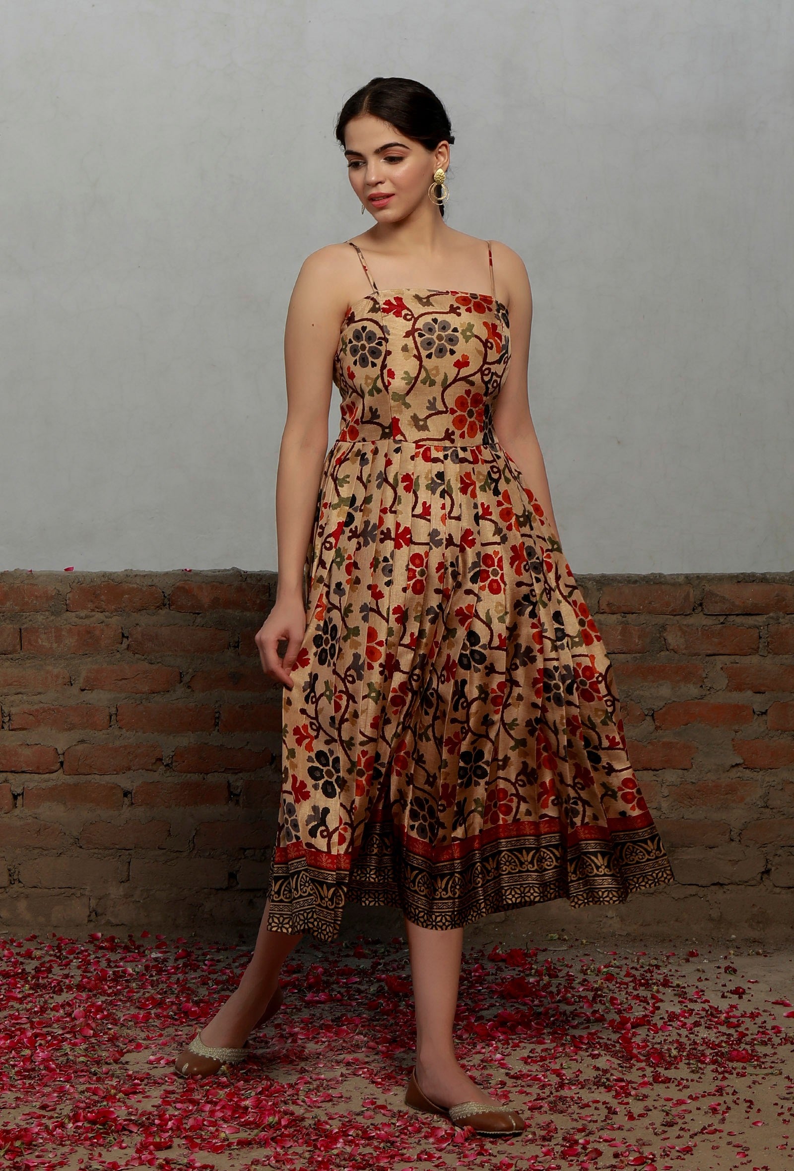 Beige Kalamkari Printed Cotton Silk Pleated Midi Dress