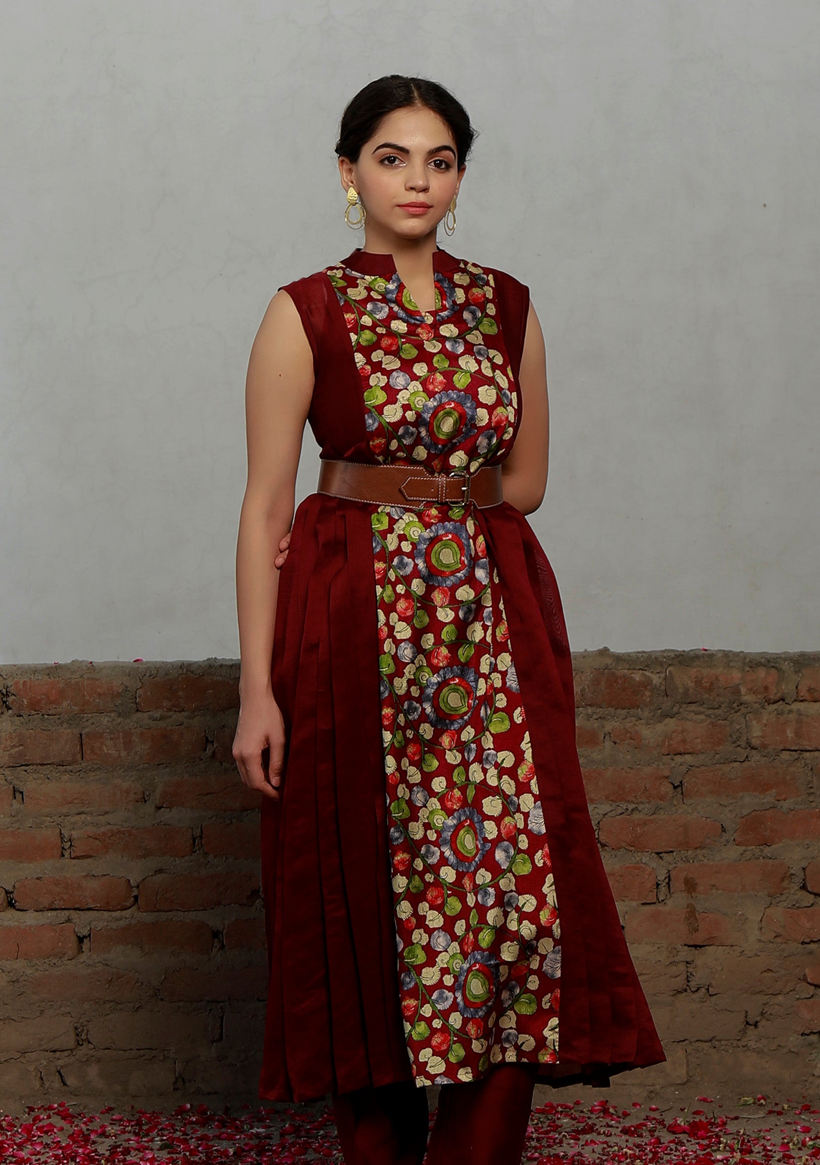 Beige Kalamkari Printed Cotton Silk Pleated Midi Dress