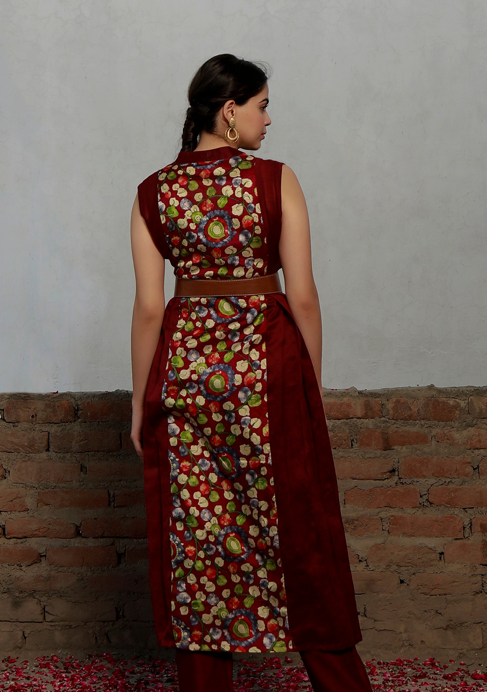 Beige Kalamkari Printed Cotton Silk Pleated Midi Dress