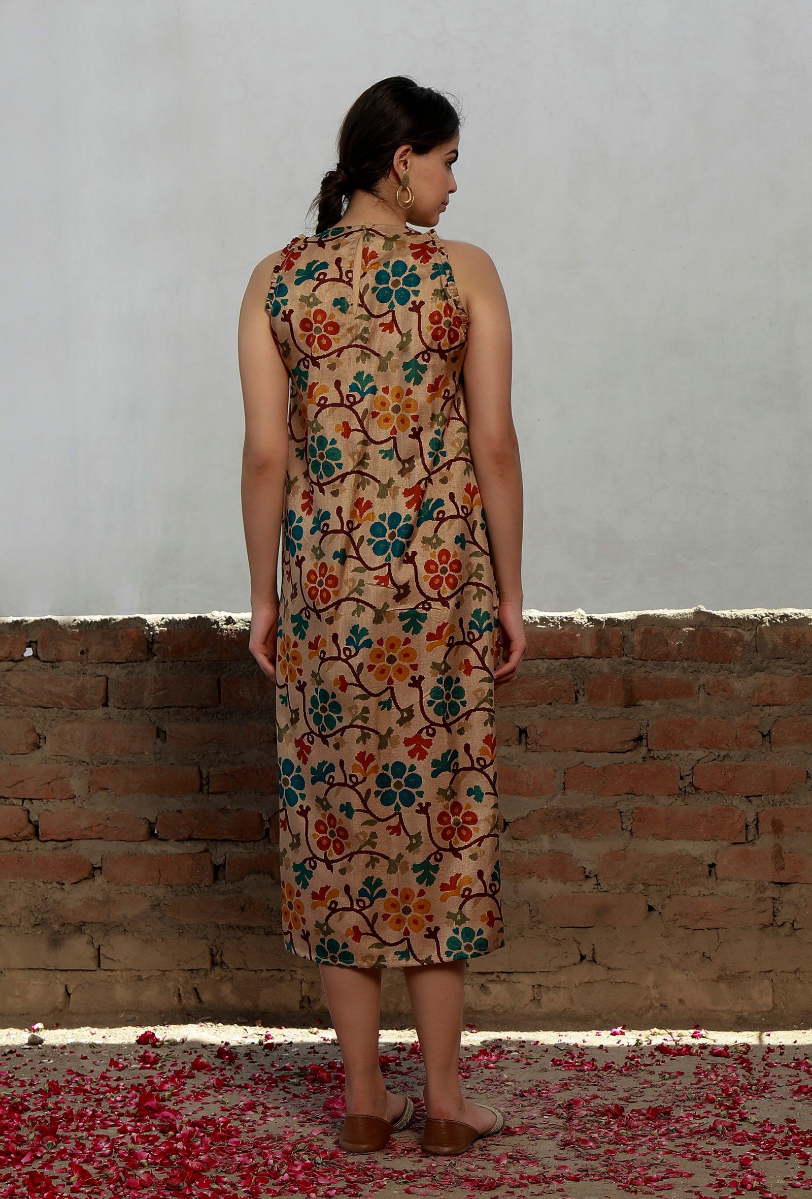 Beige Kalamkari Printed Cotton Silk Pintuck A Line Dress