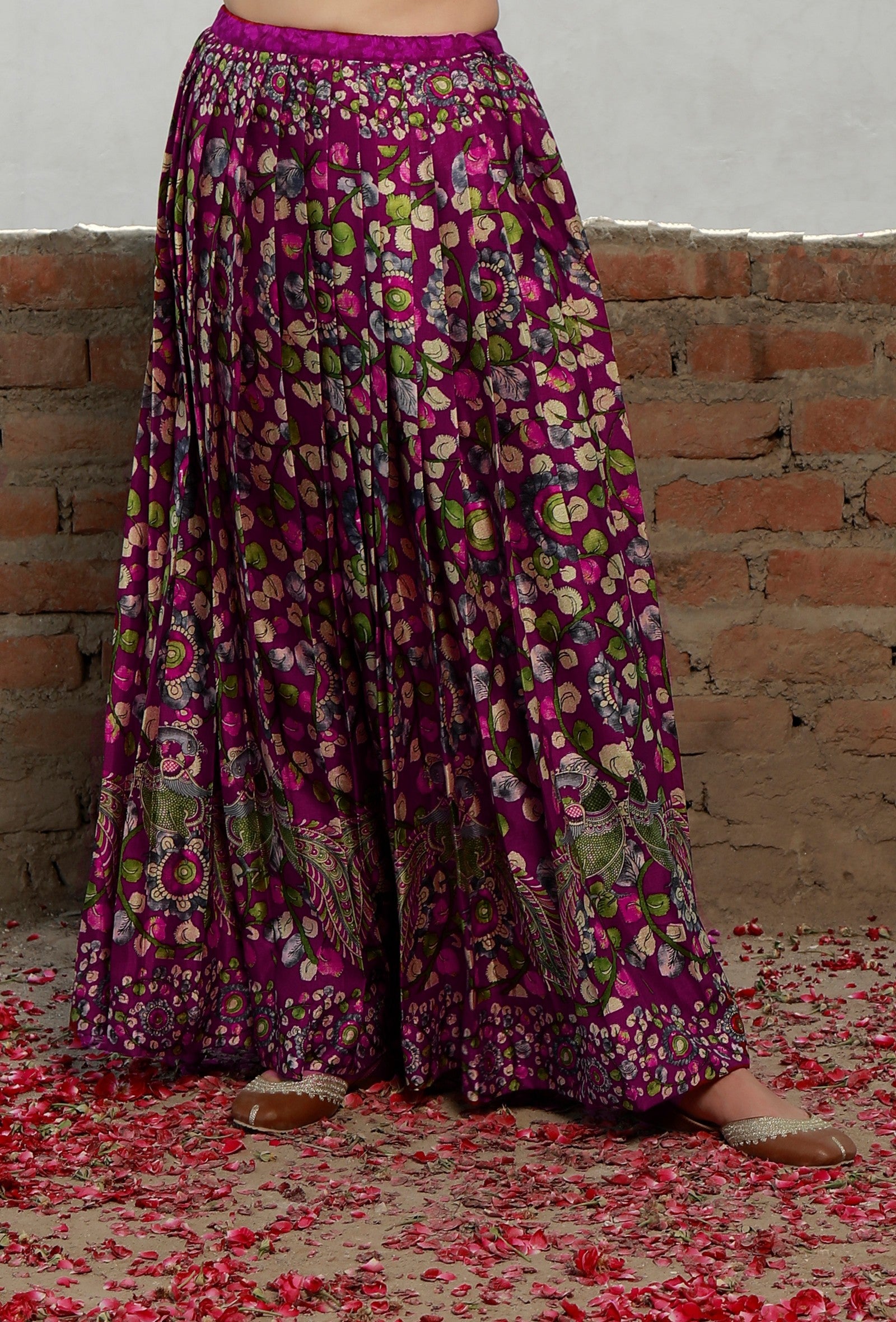 Plum Kalamkari Printed Cotton Silk Pleated Long Skirt