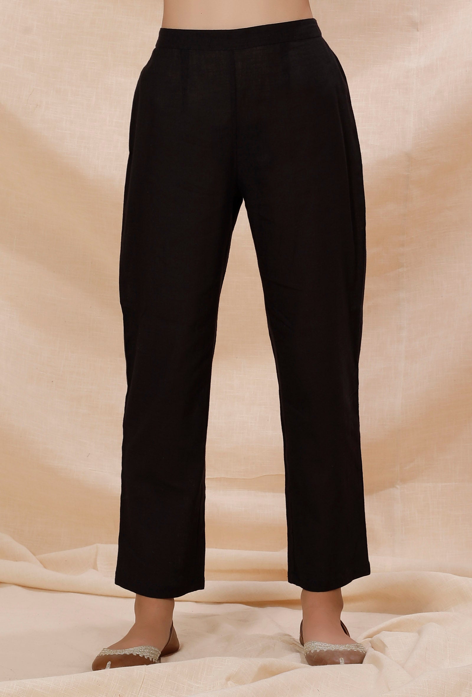Black Plain Cotton Straight Pants