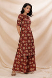 Set of 2: Rust Red Kalamkari Cotton Kurta With Flared Cotton Pants