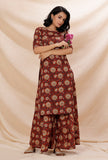 Set of 2: Rust Red Kalamkari Cotton Kurta With Flared Cotton Pants