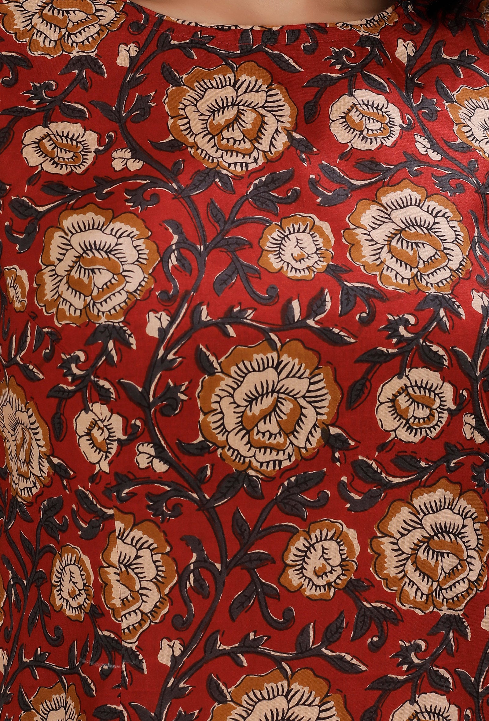 Set of 2: Rust Red Kalamkari Cotton Kurta With Flared Cotton Pants