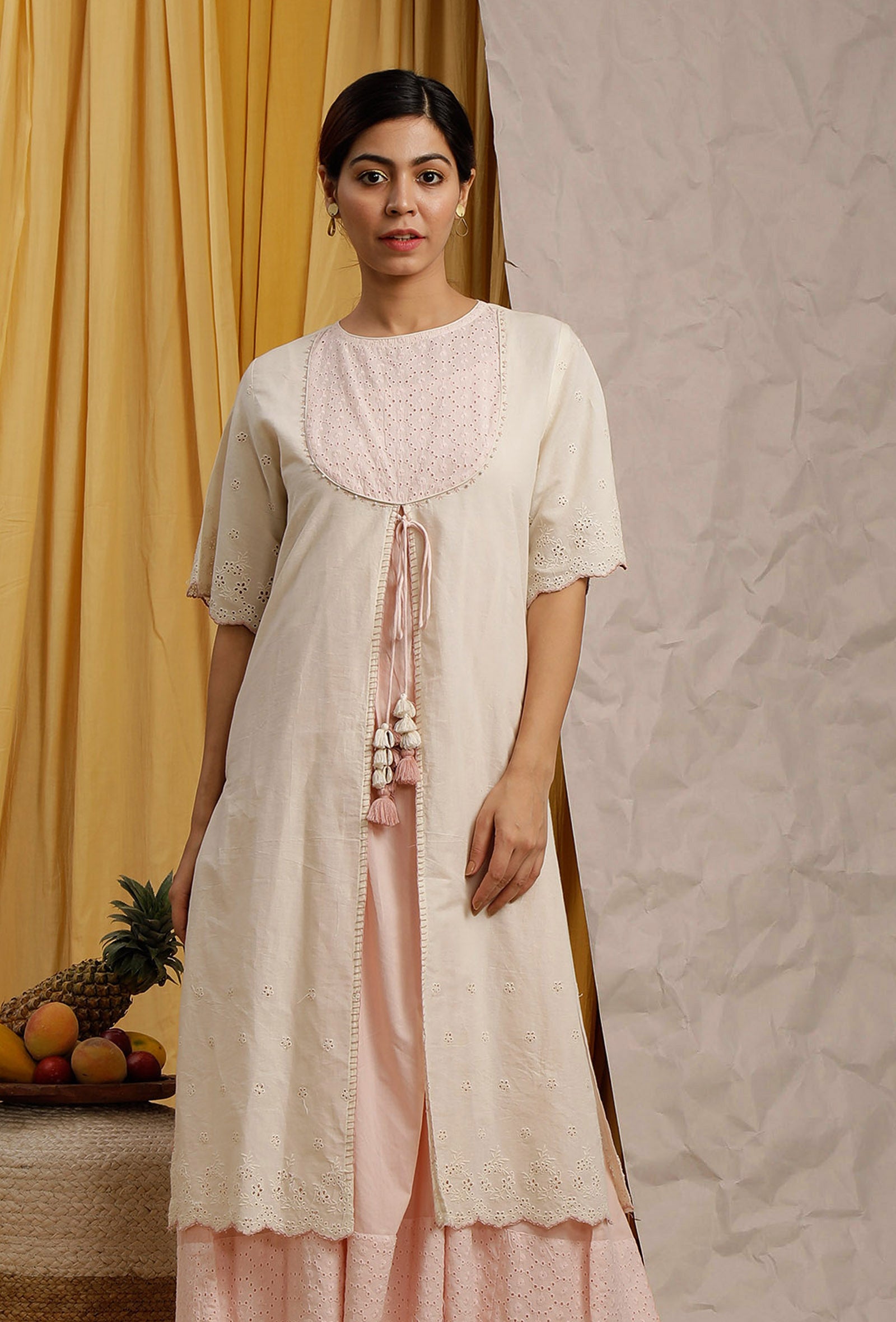 Off White-Baby Pink Cotton Schiffli Front Open Cotton Kurta