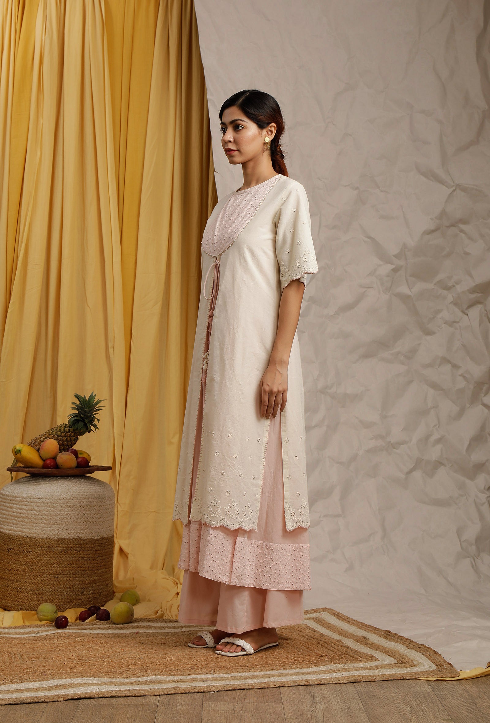 Off White-Baby Pink Cotton Schiffli Front Open Cotton Kurta