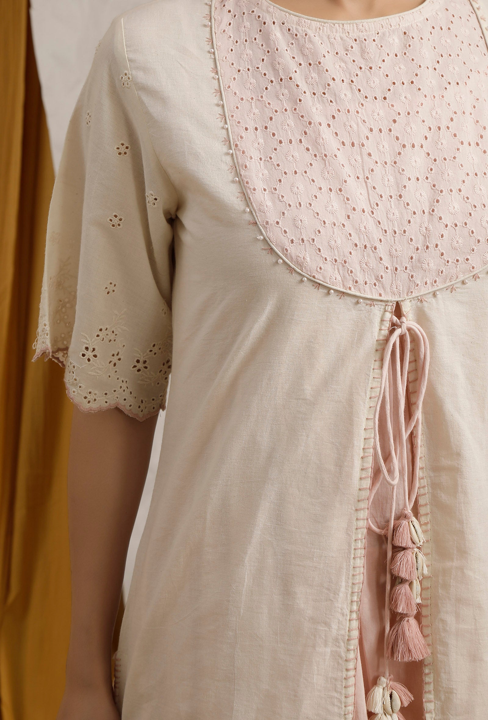 Off White-Baby Pink Cotton Schiffli Front Open Cotton Kurta