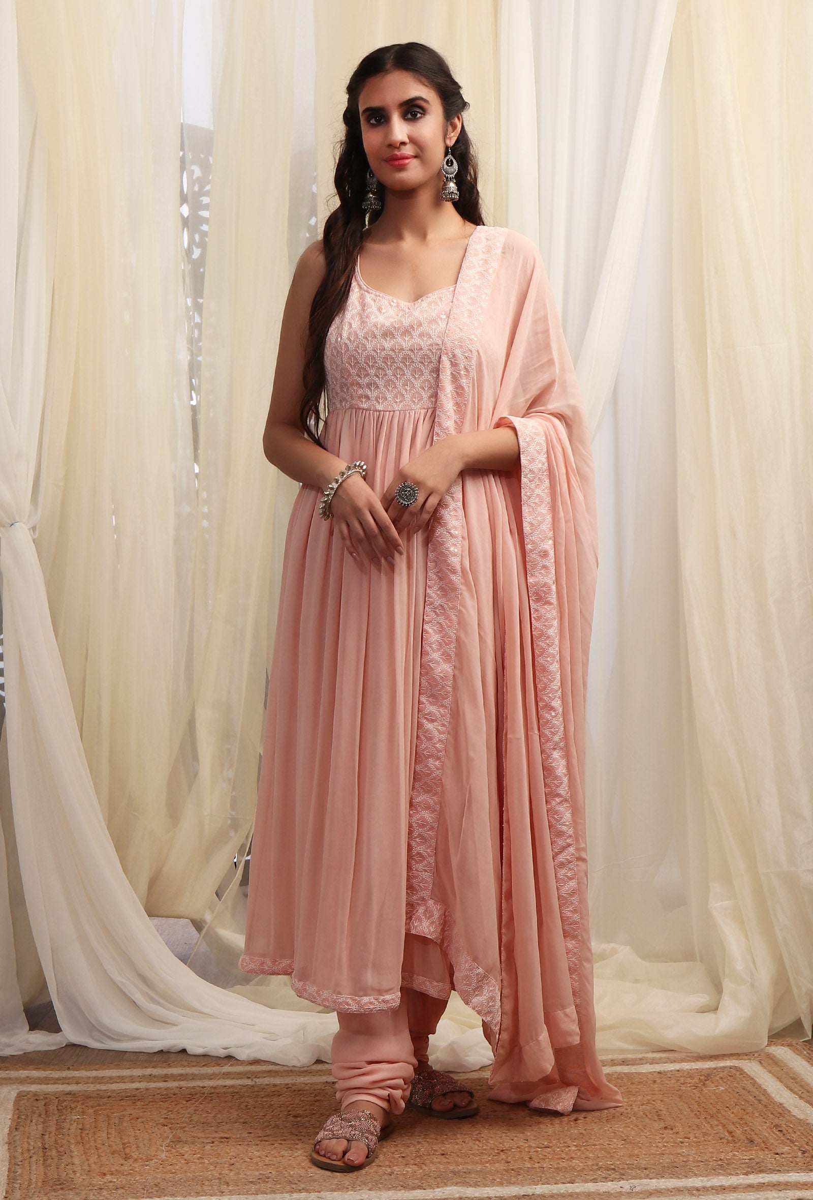 Bermuda Peach Georgette Dupatta With Sequin Embroidered Border