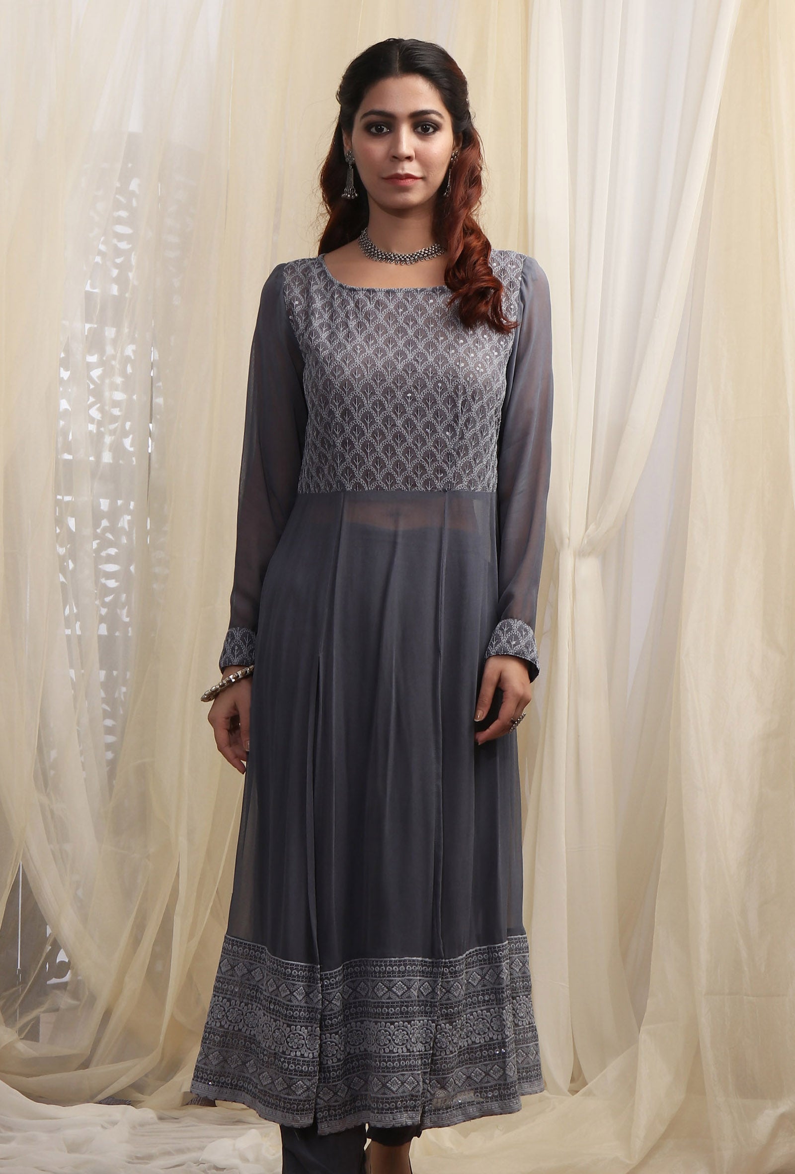 Anchor Grey Boat Neck Front Slit Kurta