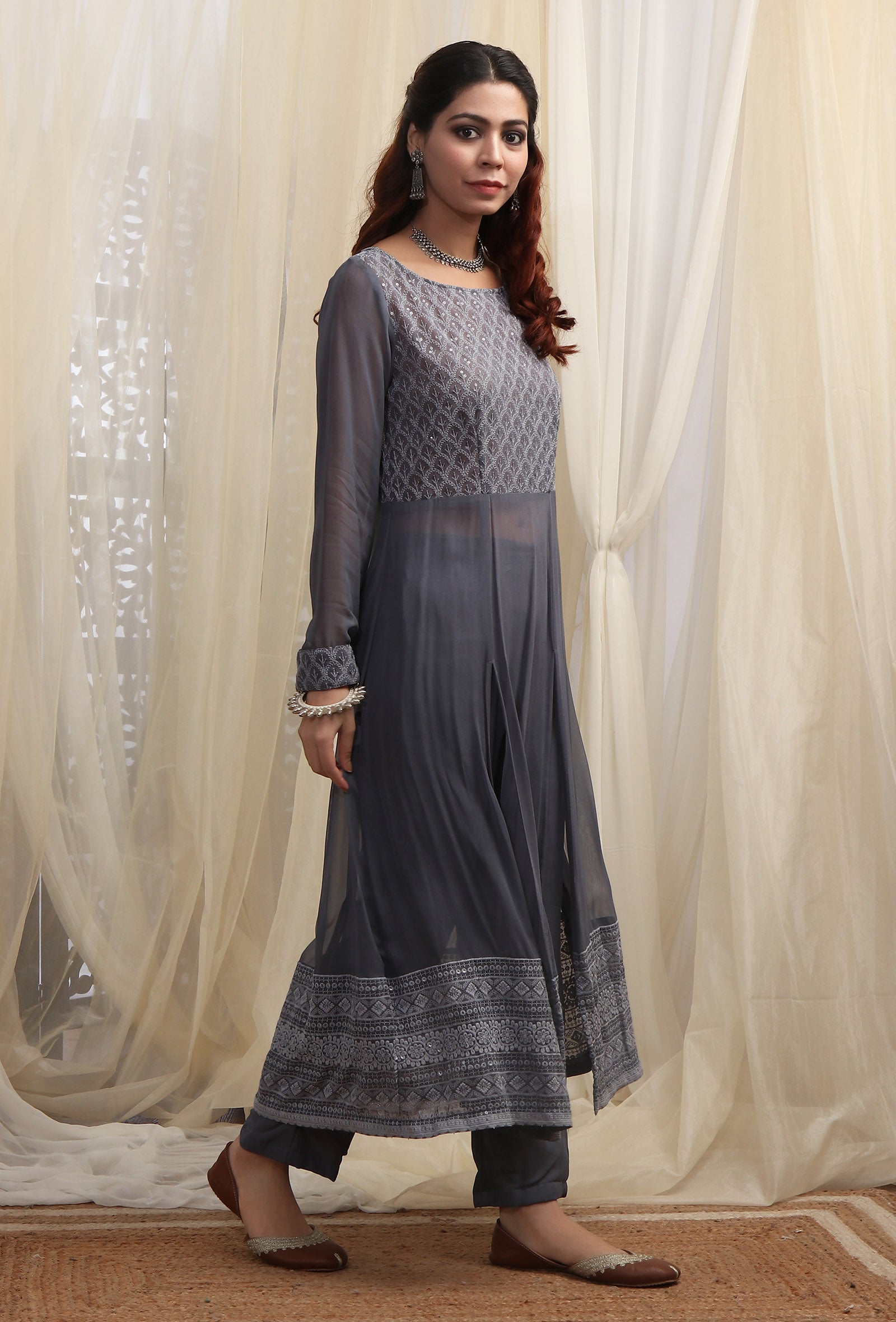 Anchor Grey Boat Neck Front Slit Kurta