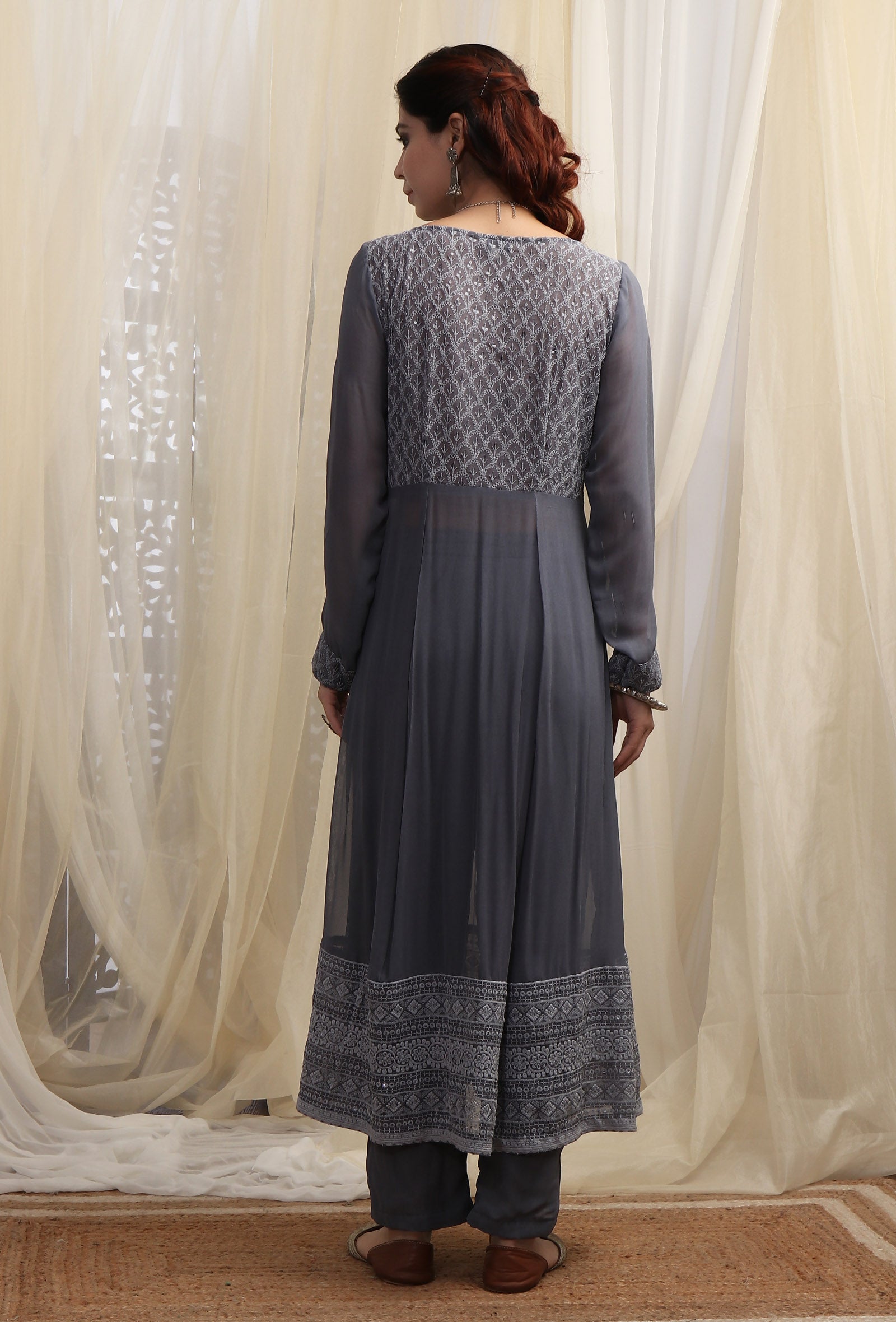 Anchor Grey Boat Neck Front Slit Kurta