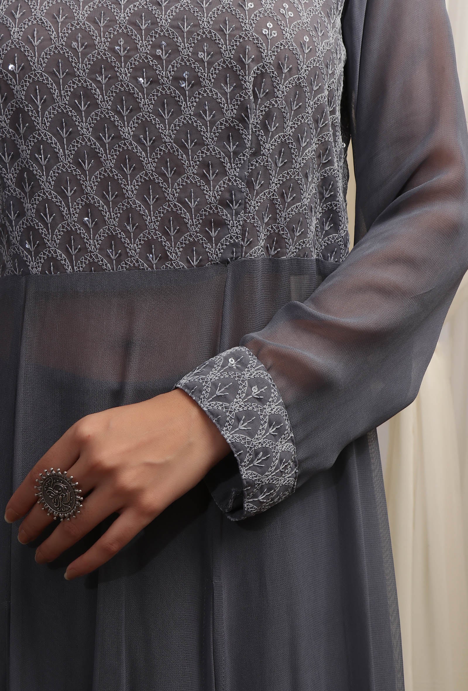 Anchor Grey Boat Neck Front Slit Kurta