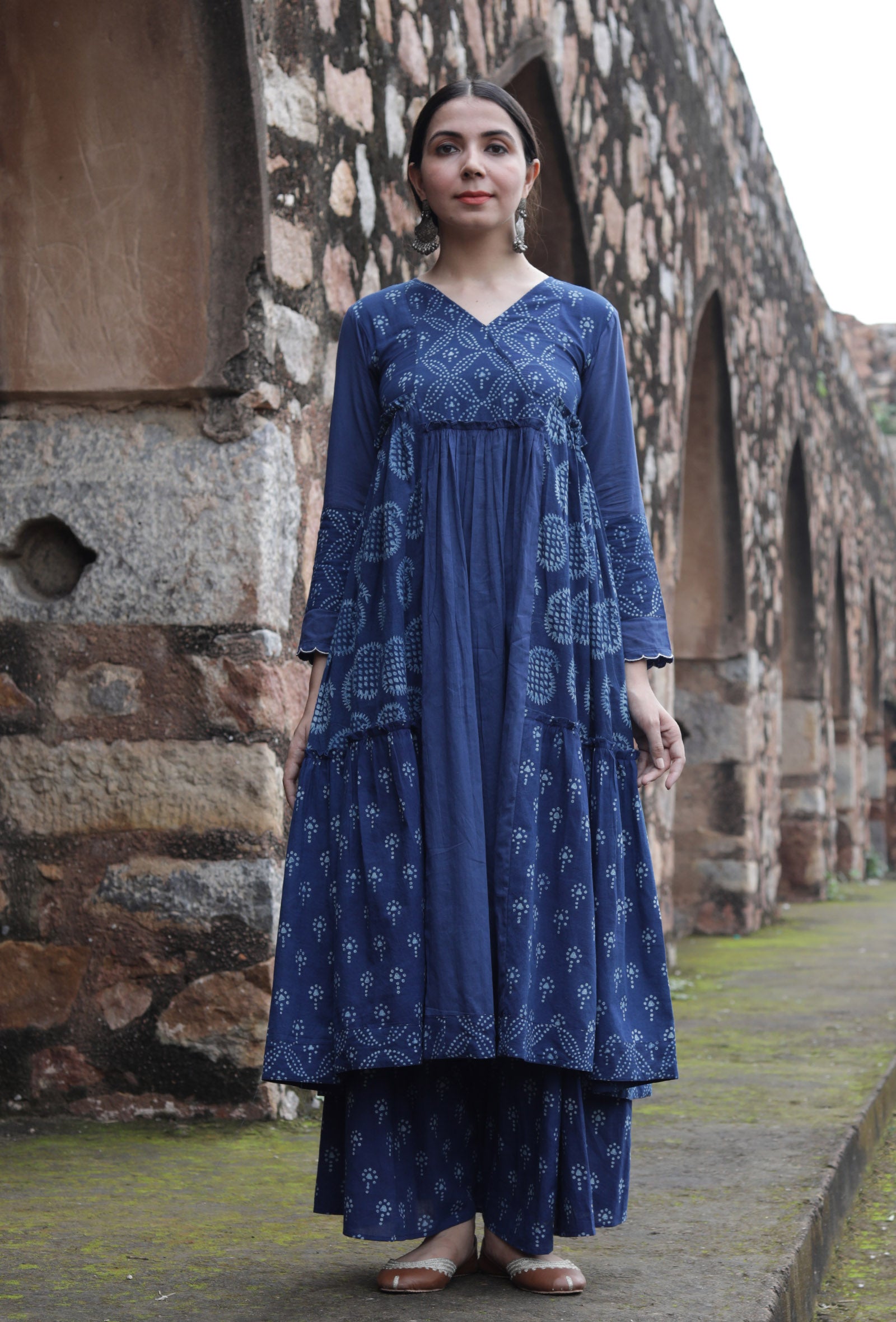 Set Of 2:Luni Indigo Printed Tiered Kurta & Palazzo Pants