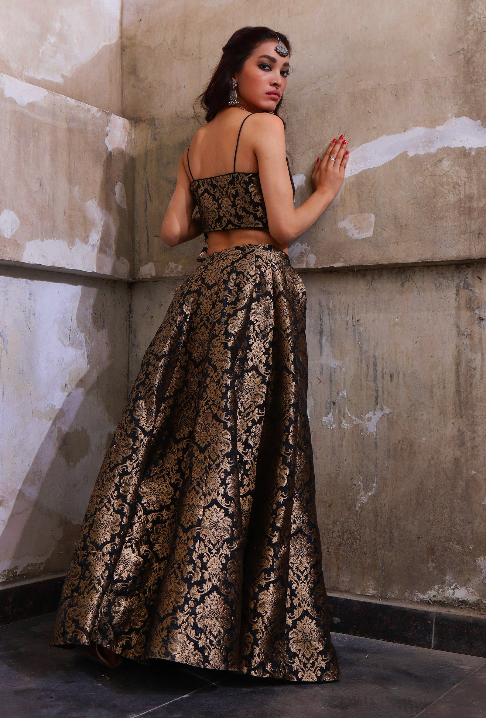 Set Of 3: Black Banarasi Jacquard Crop Top, Skirt, & Silk Organza Dupatta