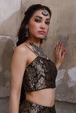 Set Of 3: Black Banarasi Jacquard Crop Top, Skirt, & Silk Organza Dupatta