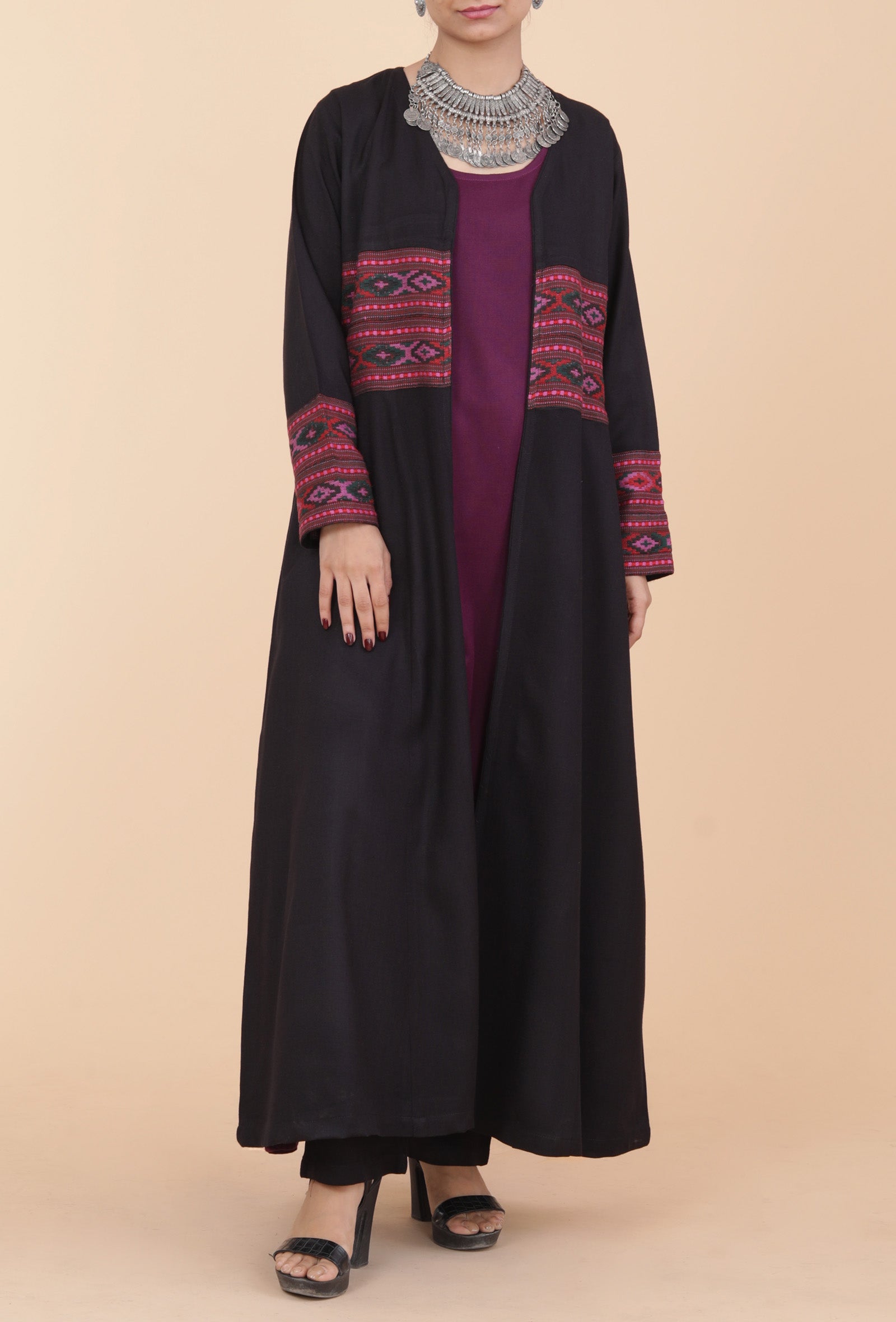 Black Front-Open Handwoven Kullu Patti Detailed Cashmilon Flared Overlay