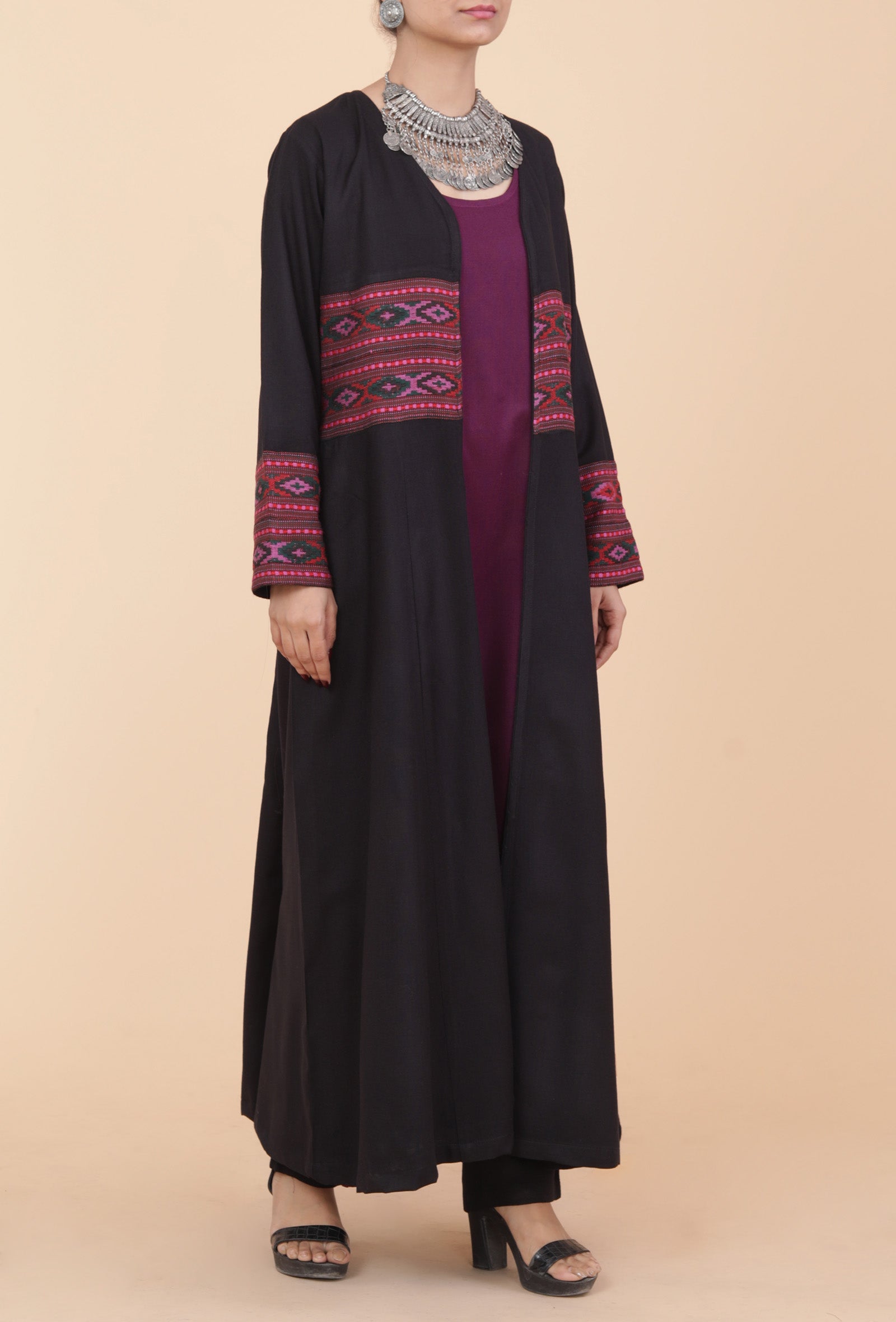 Black Front-Open Handwoven Kullu Patti Detailed Cashmilon Flared Overlay