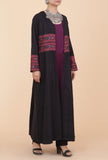 Black Front-Open Handwoven Kullu Patti Detailed Cashmilon Flared Overlay