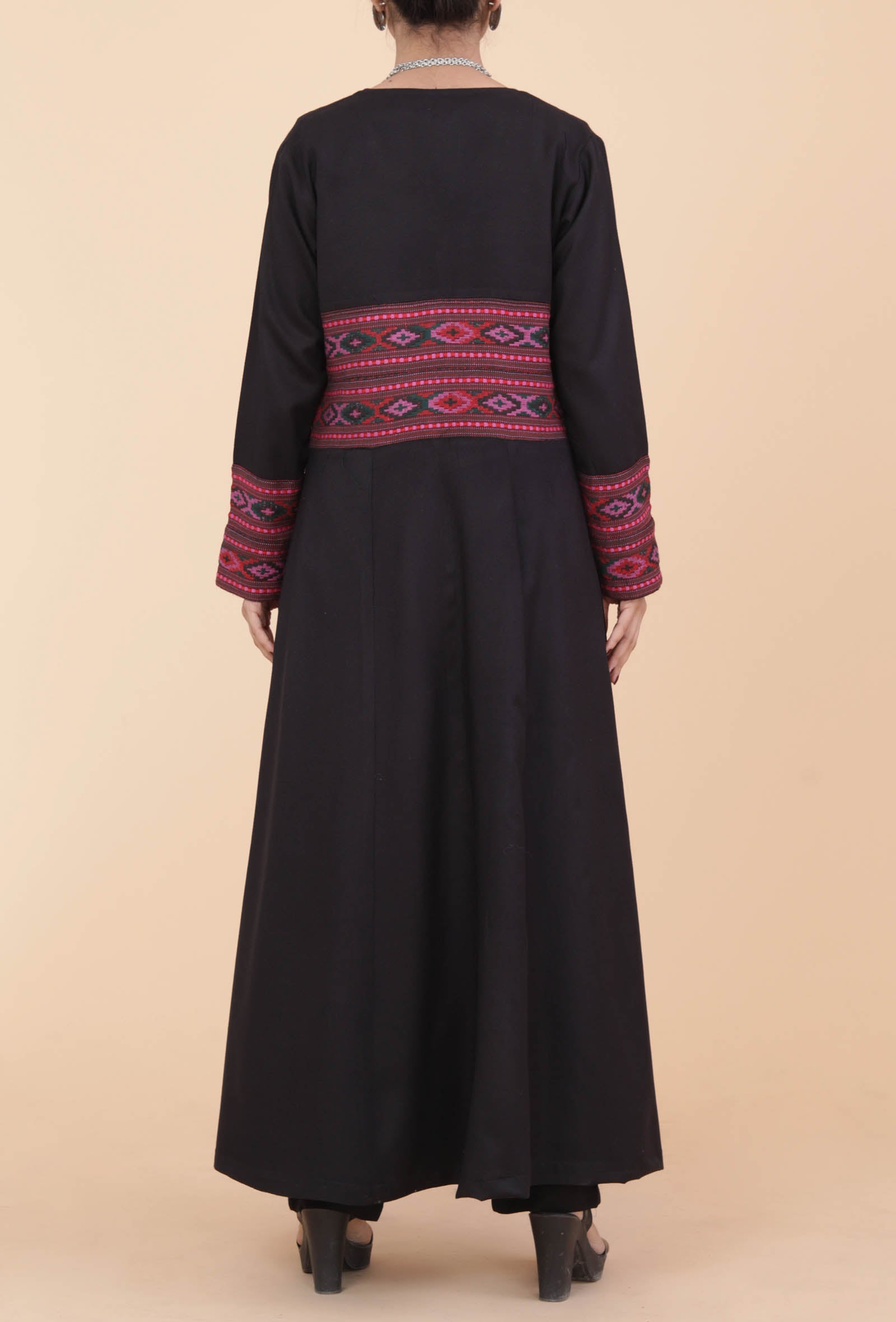 Black Front-Open Handwoven Kullu Patti Detailed Cashmilon Flared Overlay