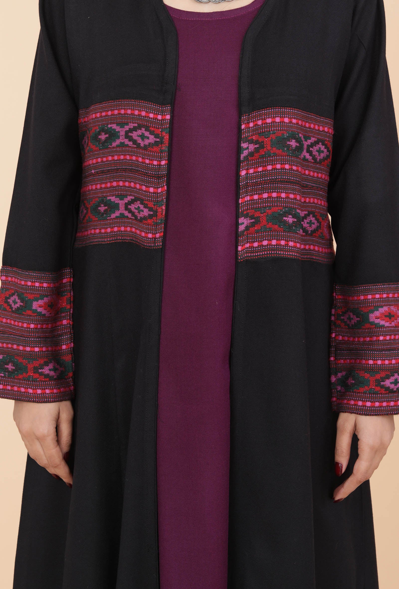 Black Front-Open Handwoven Kullu Patti Detailed Cashmilon Flared Overlay