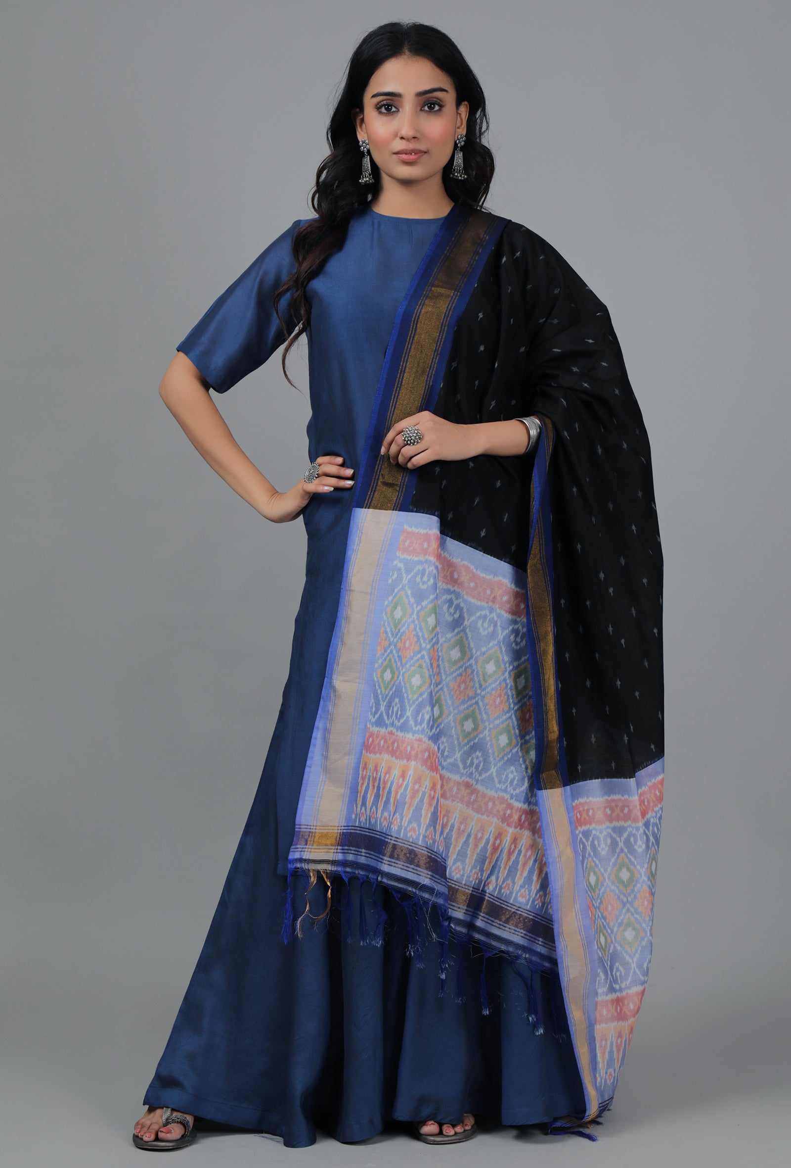Black & Powder Blue Ikat Dupatta