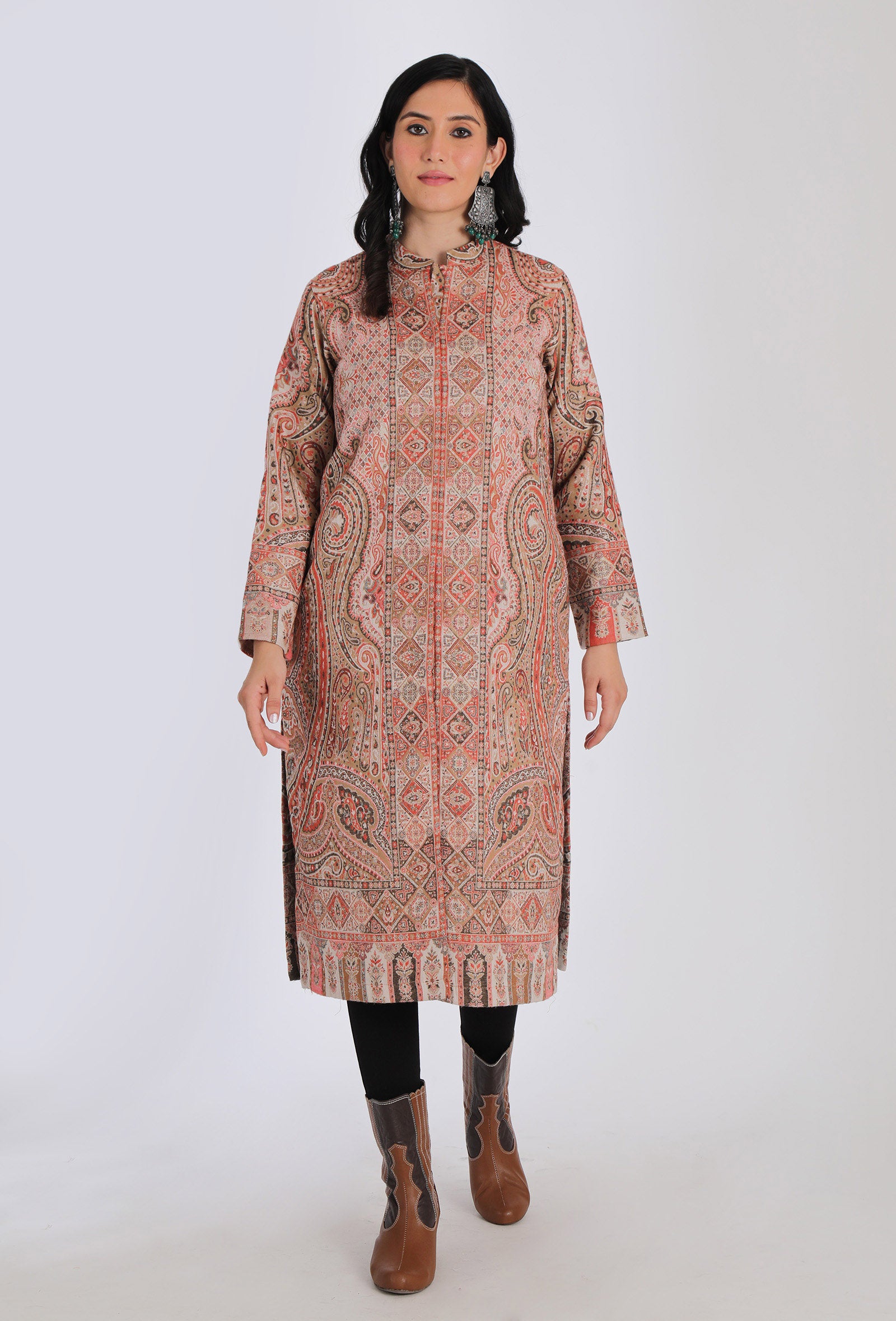 Manhoor salmon pink Kani Jamavar Long Coat Outer Jacket