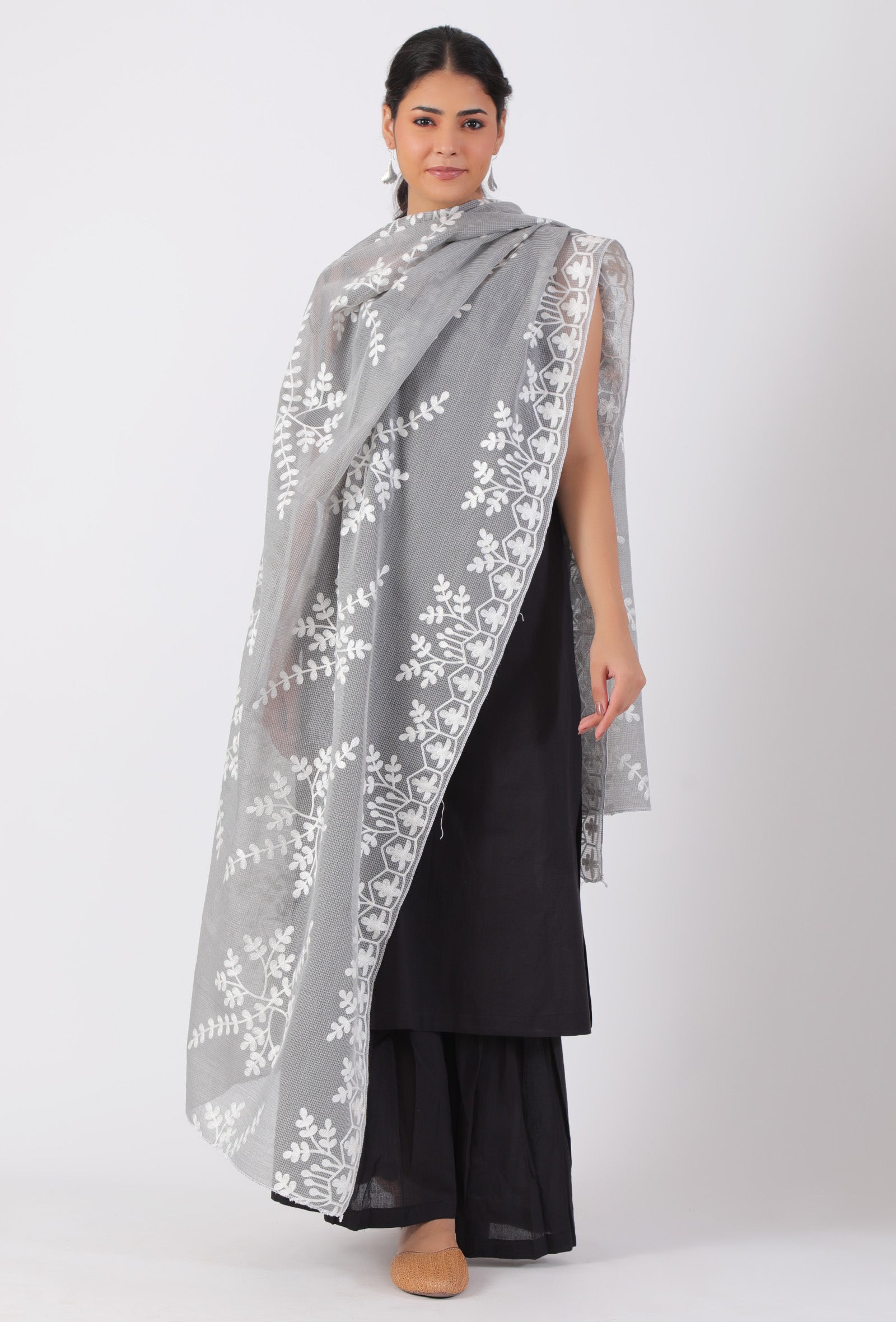 Grey Chickoo Net Dupatta