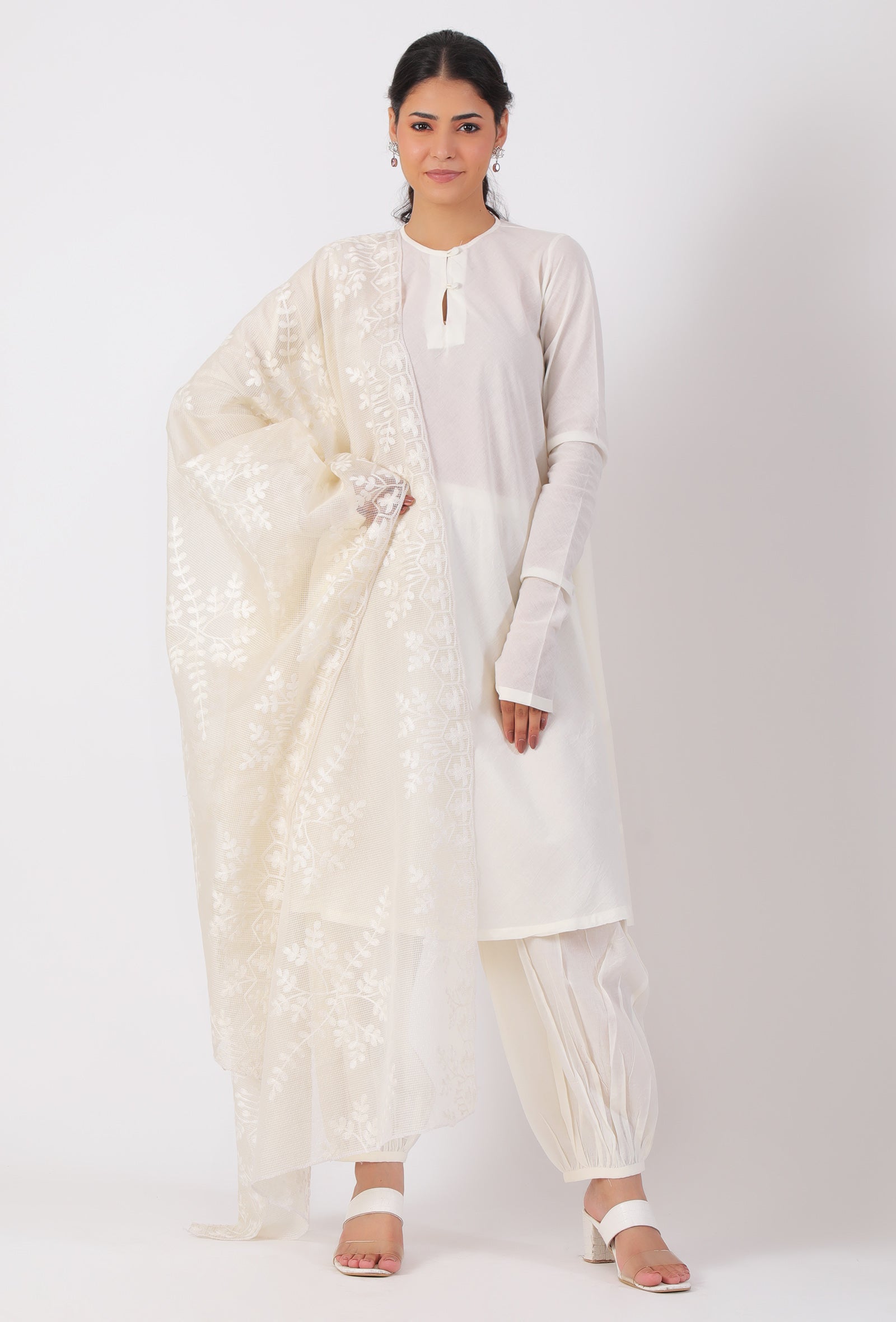 Cream Chickoo Net Dupatta