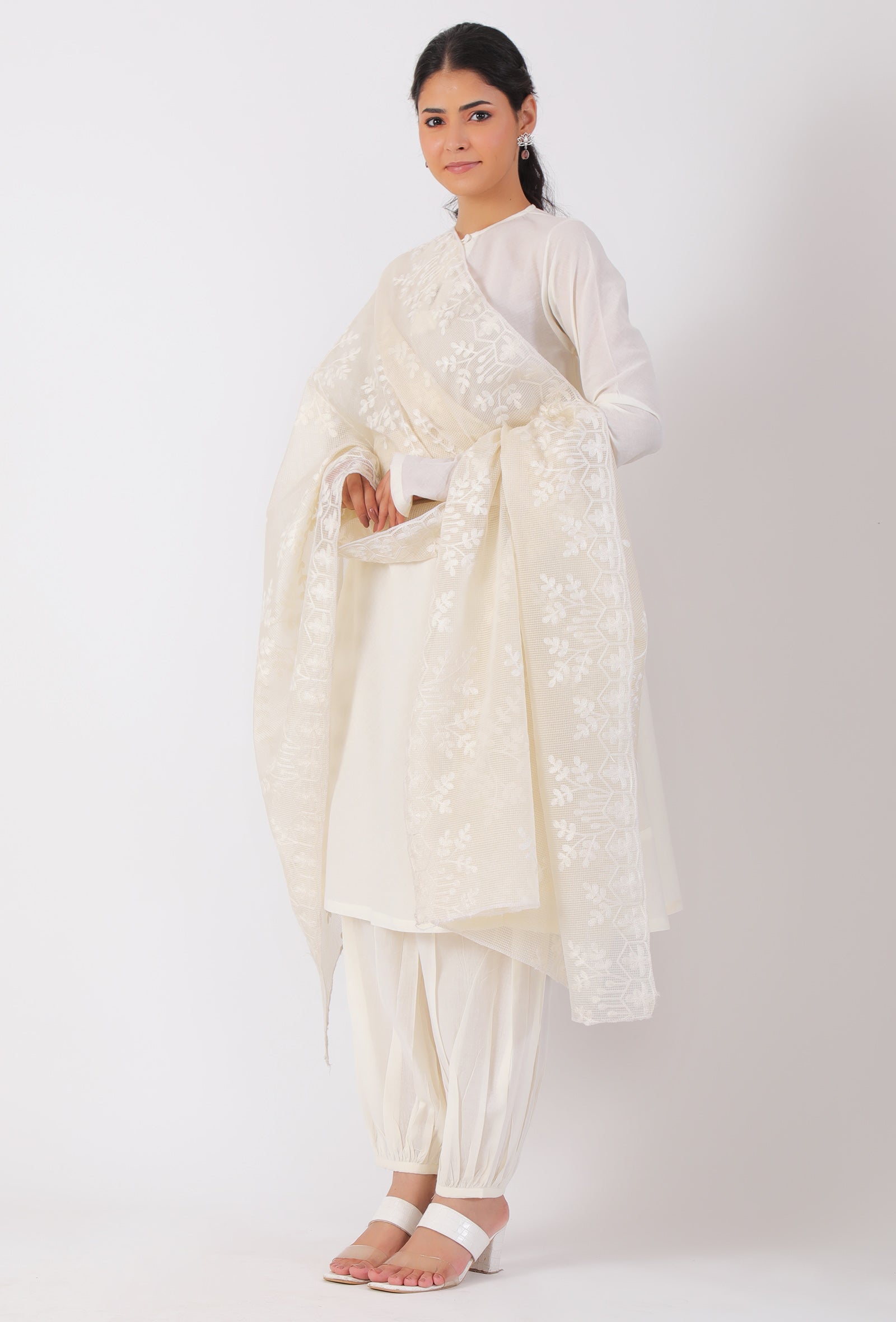 Cream Chickoo Net Dupatta