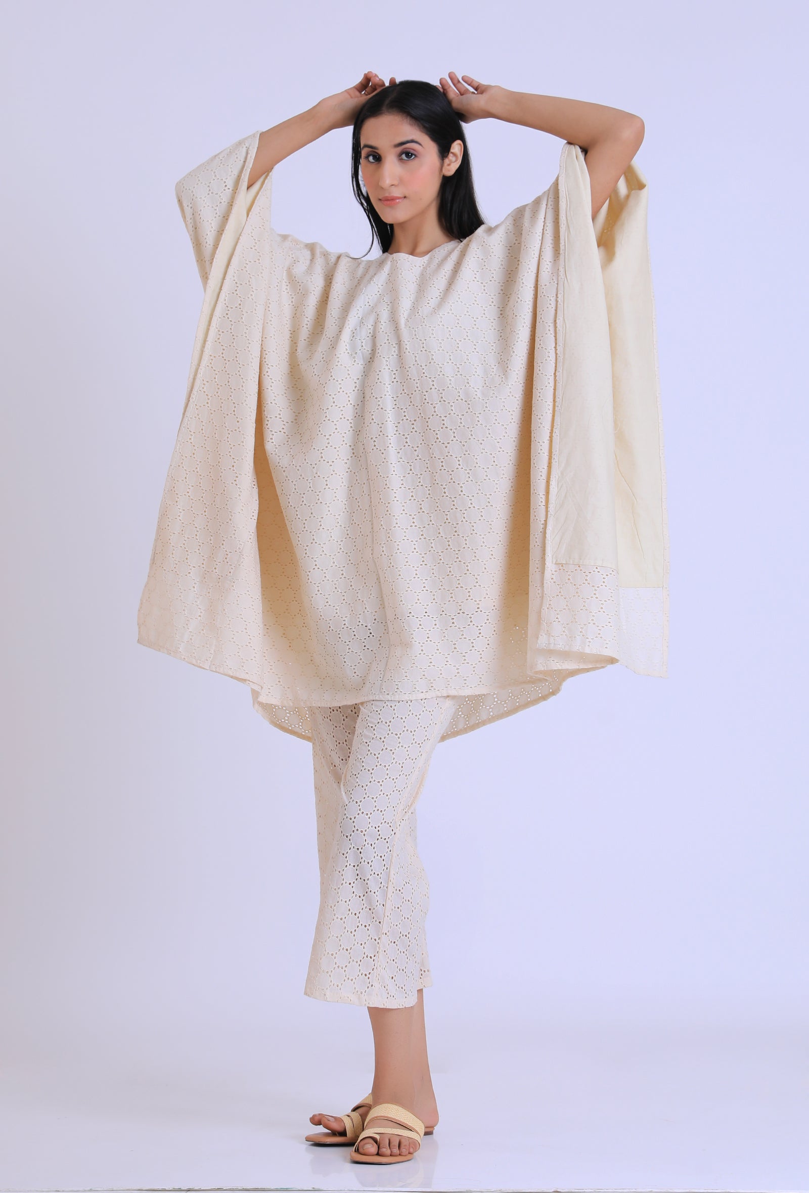 Off White Schiffli Cotton Kaftan