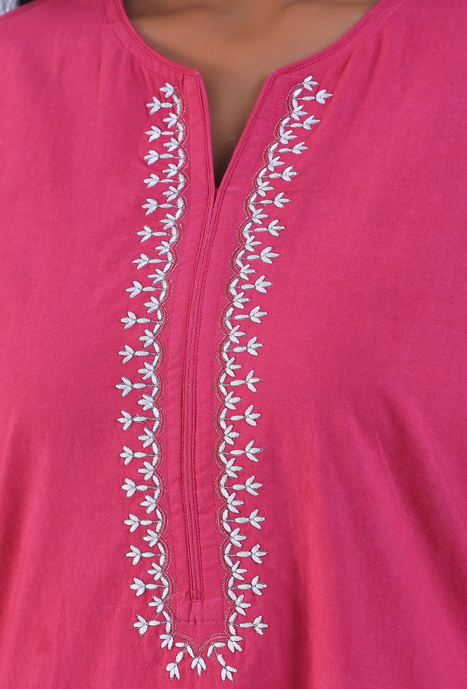 Pink Cotton Kurta With Embroidery on Neckline