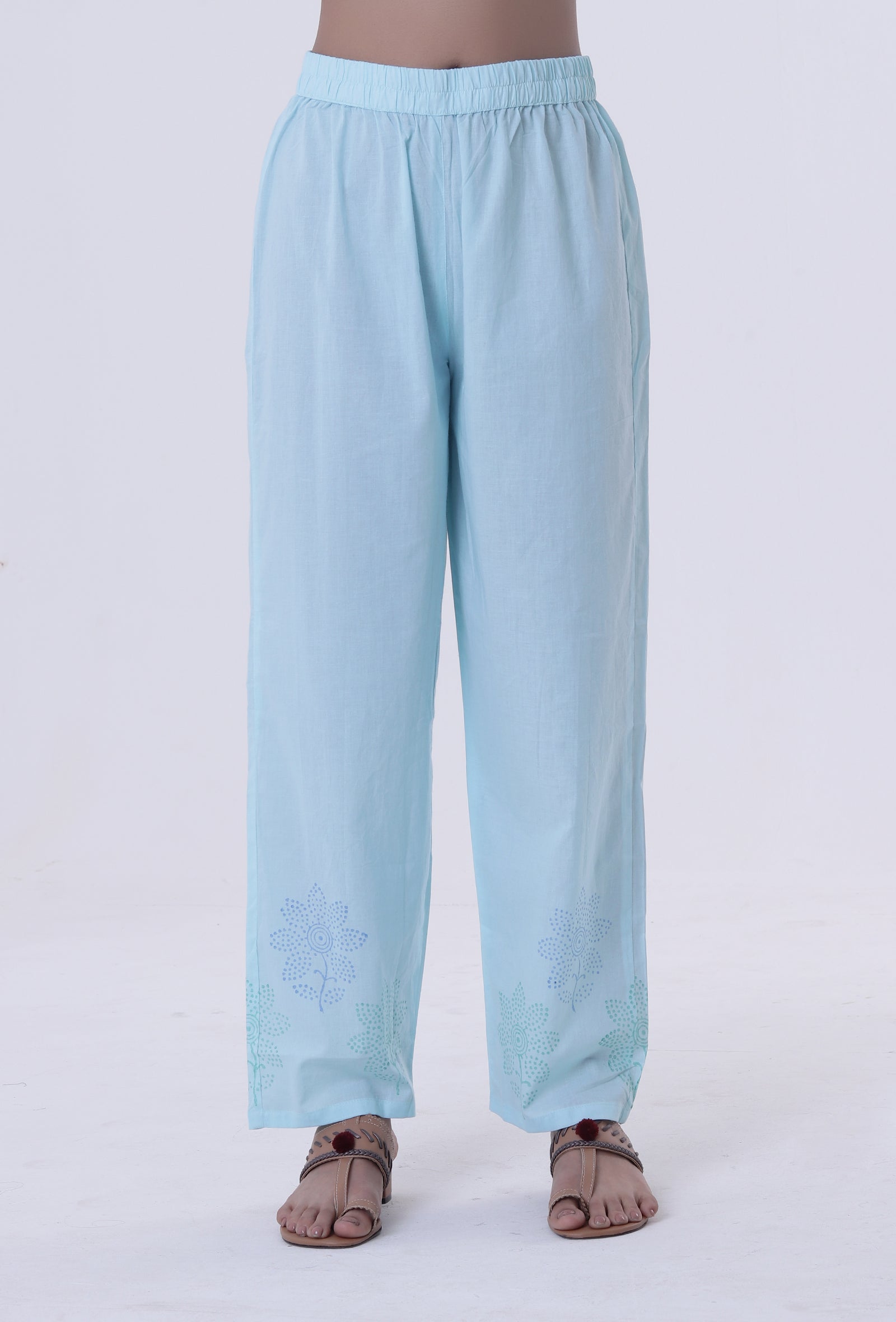 Greenish-Blue Cotton Block Printed Pant